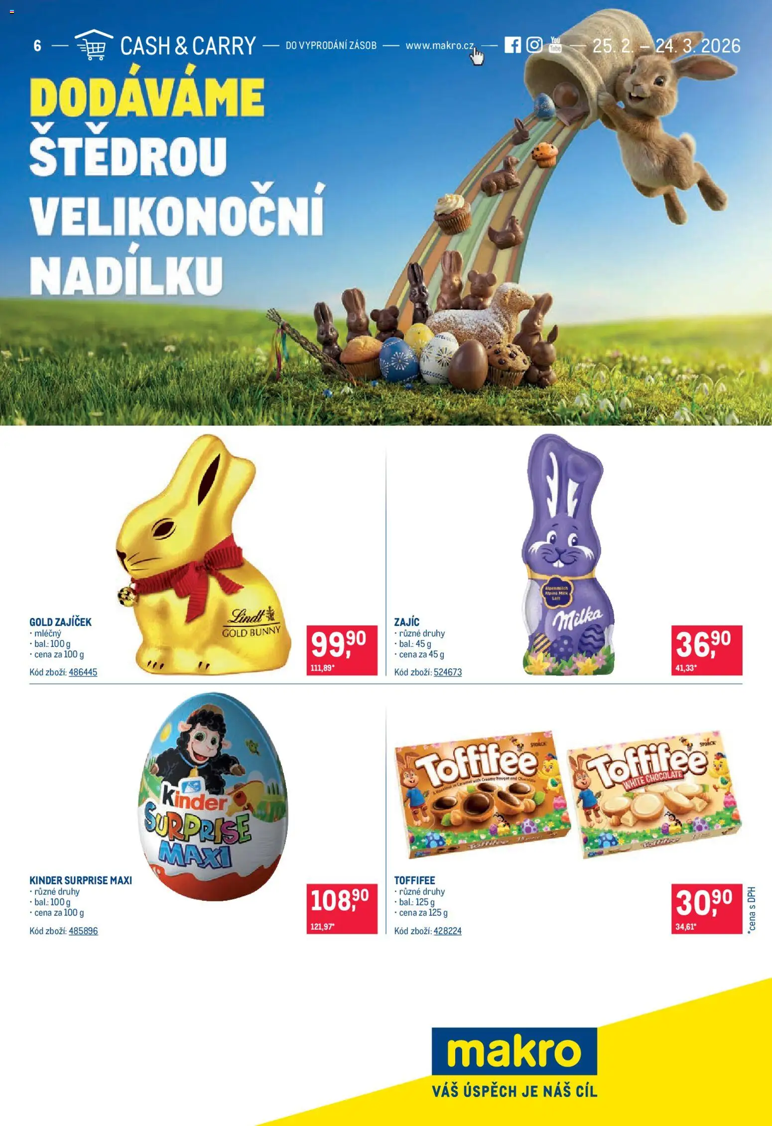 Makro leták - Velikonoční čokolády od 25.02.2026 | Strana: 1 | Produkty: Milka, Kinder surprise maxi, Toffifee, Kinder