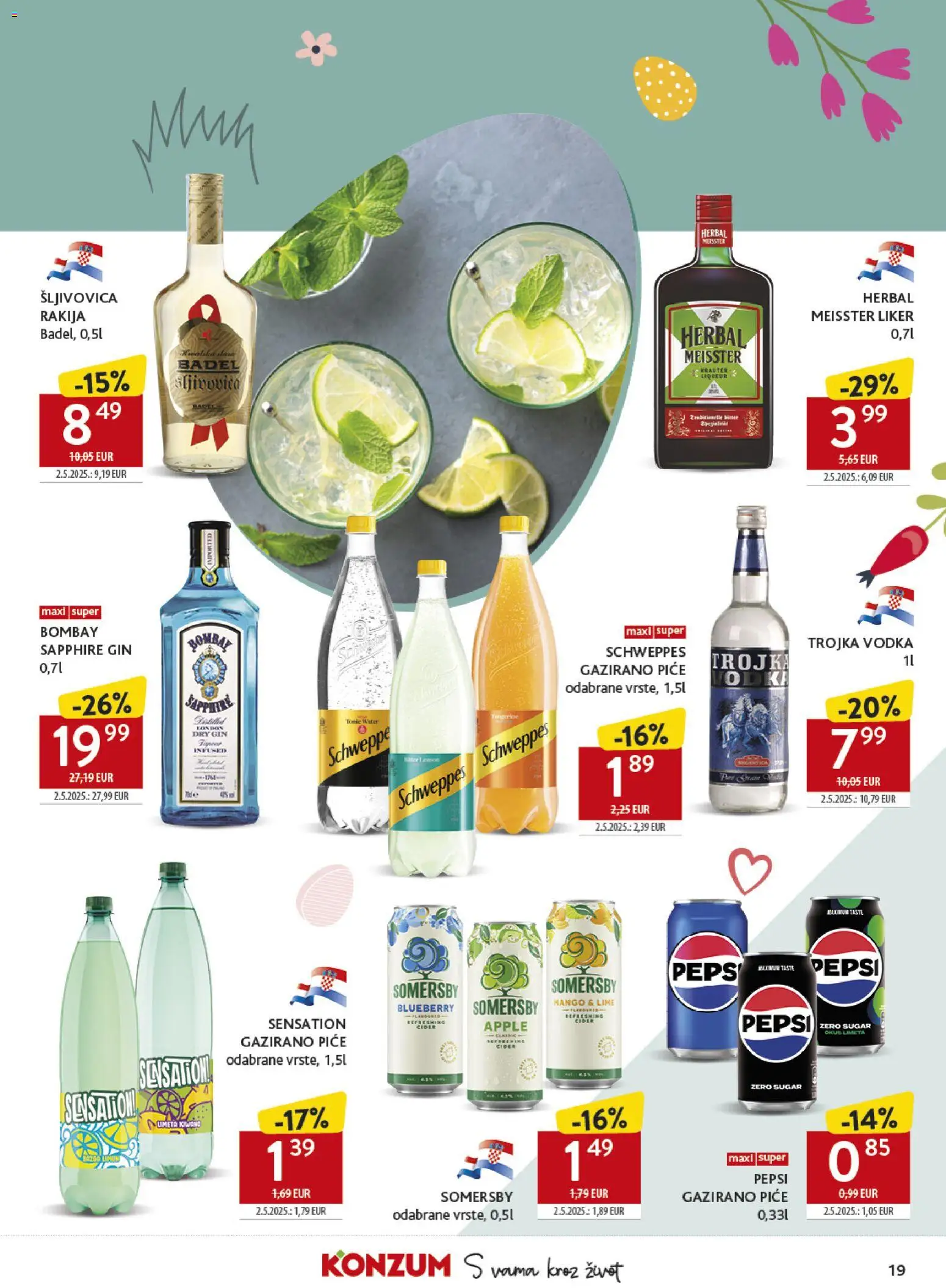 Konzum HR akciós ujság - amely érvényes a következő dátumtól: 25.03.2026 | Oldal: 19 | Termékek: Pepsi, Gin, Vodka, Mangó