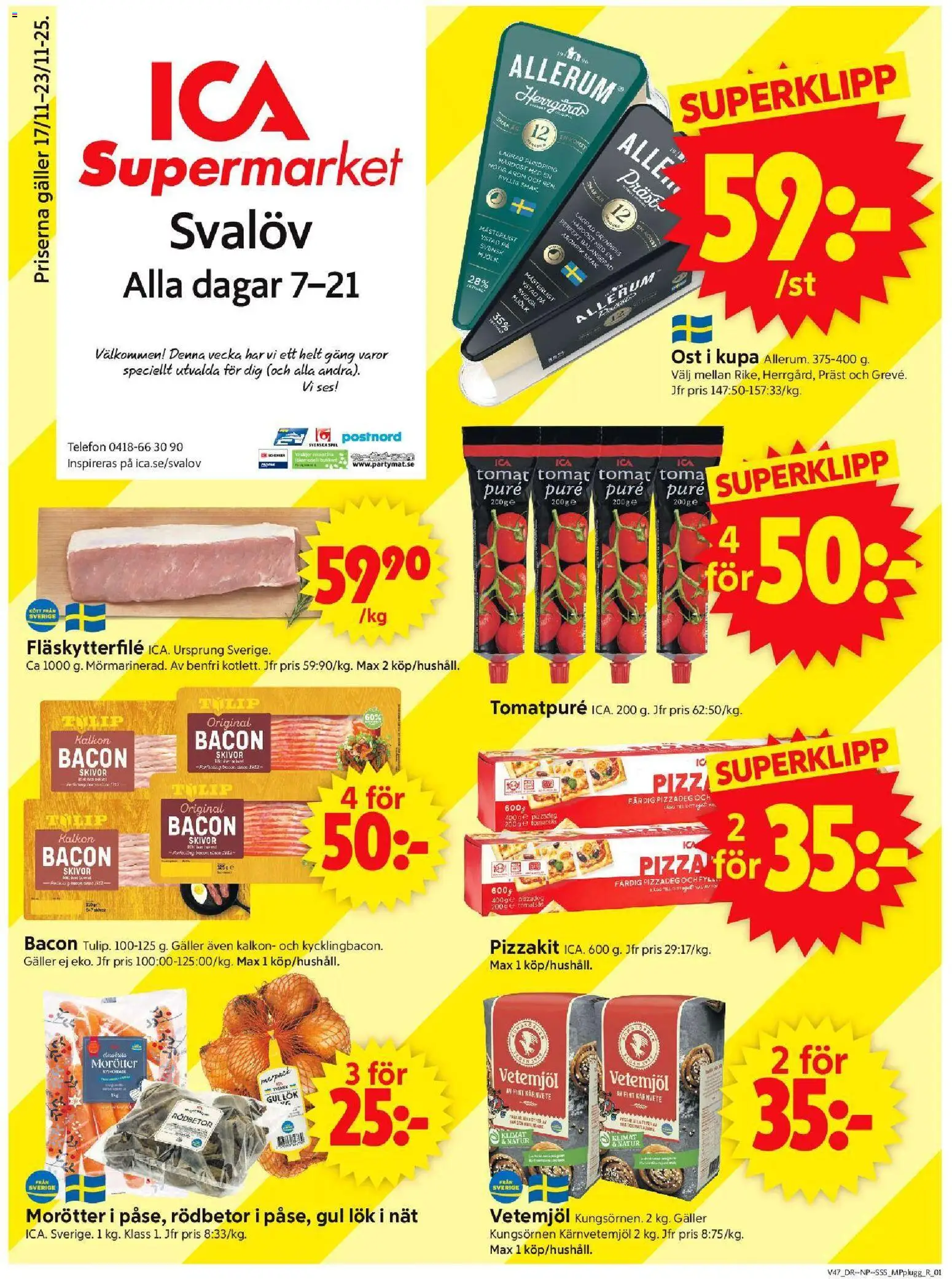 ICA Supermarket reklamblad aktuell från 17.11.2025 | Sida: 1 | Produkter: Galler, Fläskytterfilé, Gul lök, Telefon