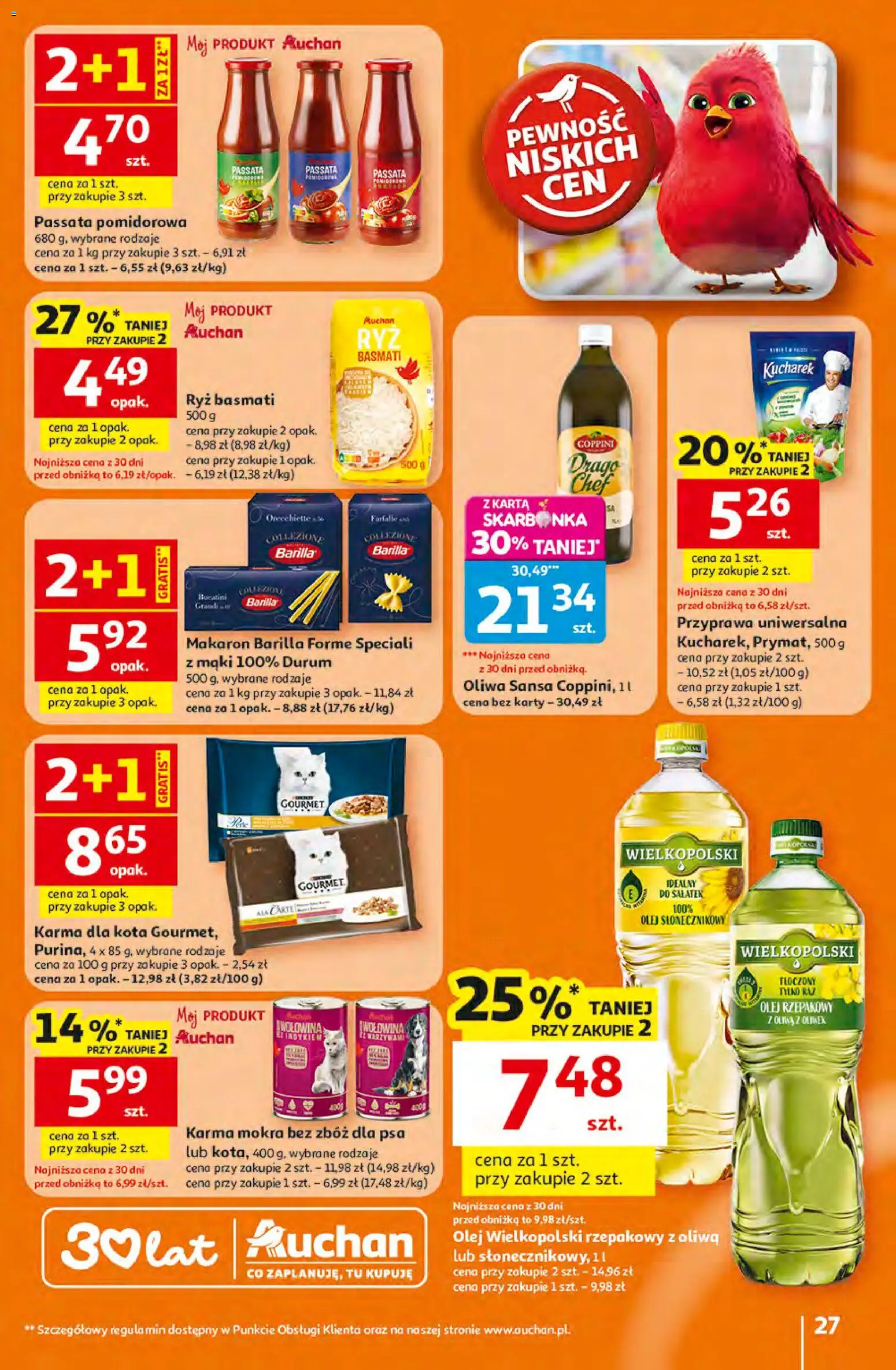 Auchan gazetka - 30 Lat Hipermarket od 16.04.2026 | Strona: 27 | Produkty: Olej wielkopolski, Passata pomidorowa, Karma dla kota, Wołowina