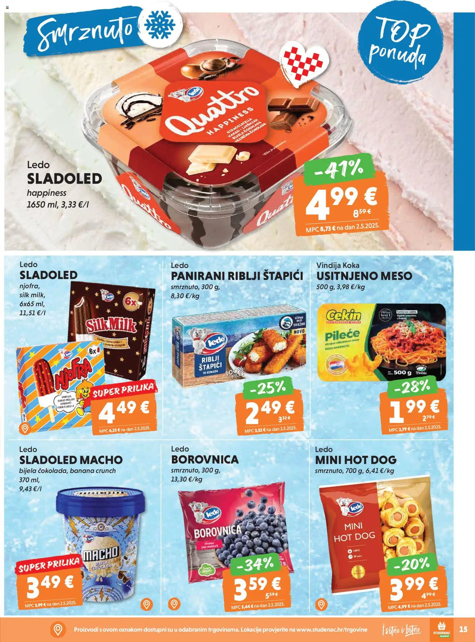 Studenac katalog | vrijedi od 08.04.2026 | Stranica: 15 | Proizvodi: Vindija, Ledo, Borovnica, Štapići