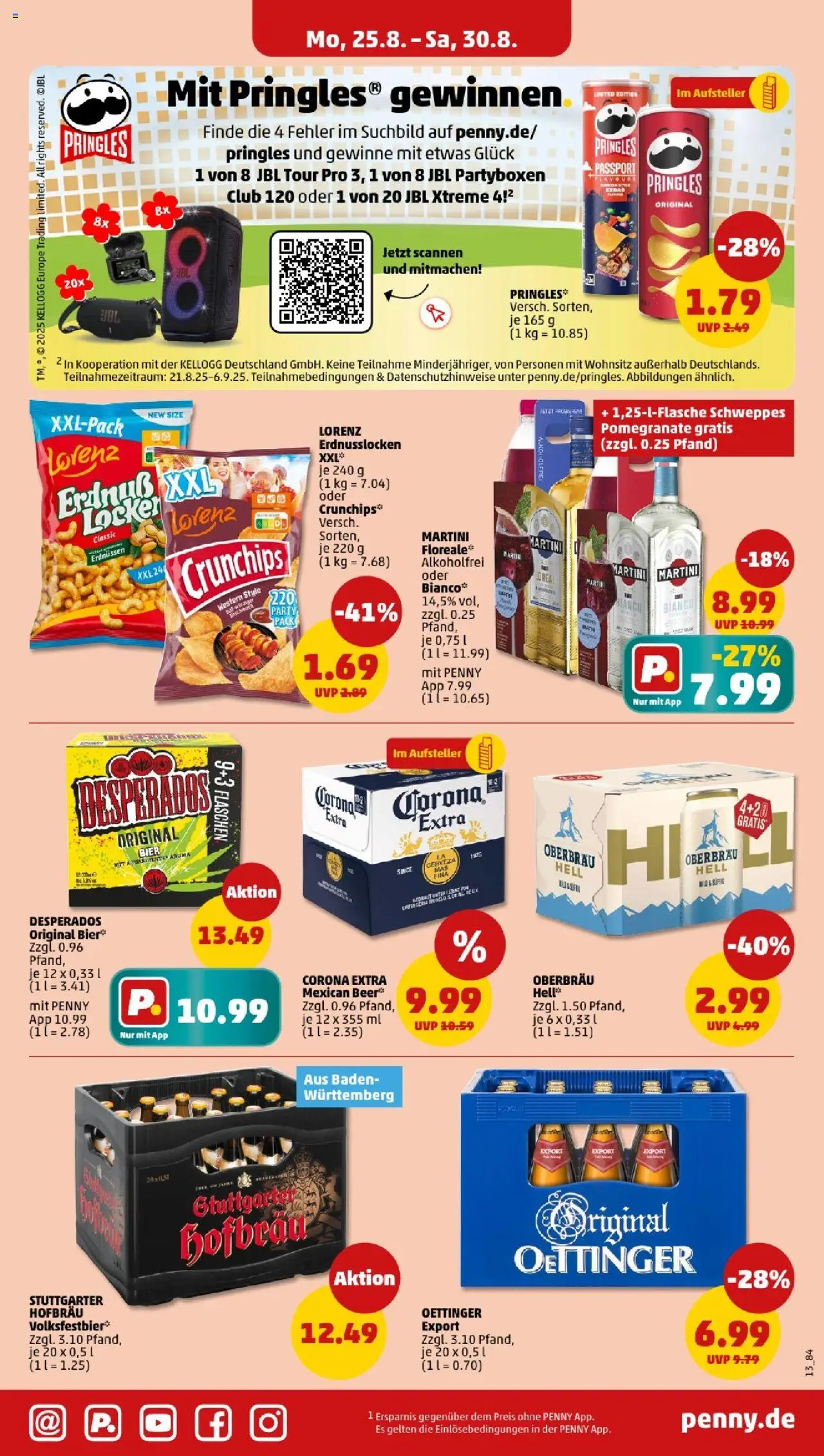 Penny - Baden-Württemberg - gültig ab dem 25.08.2025 | Seite: 13 | Produkte: Martini, Schweppes, Lorenz crunchips, Pringles