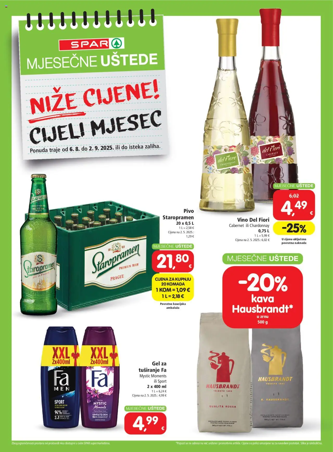 Spar katalog | vrijedi od 06.08.2025 | Stranica: 4 | Proizvodi: Staropramen, Kava, Gel za tuširanje, Vino