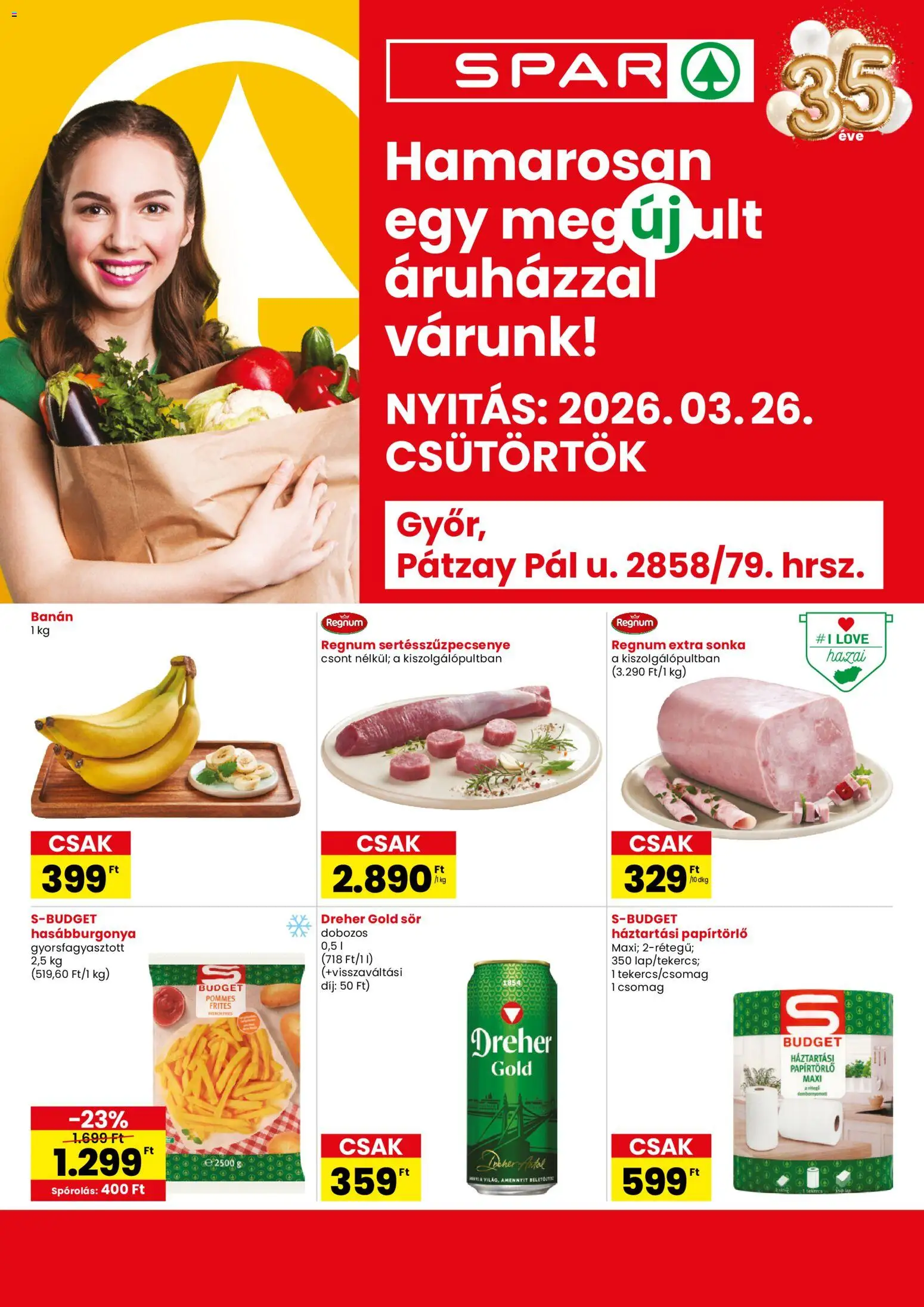 Spar akciós ujság - amely érvényes a következő dátumtól: 26.03.2026 | Oldal: 1 | Termékek: Papírtörlő, Sör, Banán, Hasábburgonya