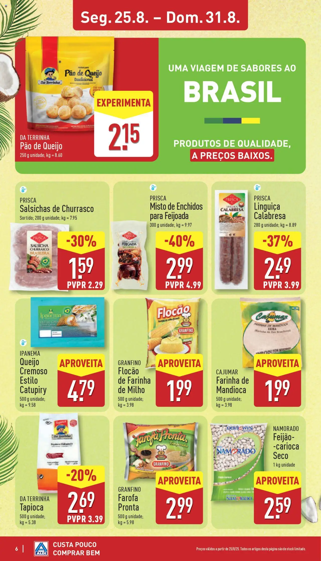Aldi folheto │ válido de 25.08.2025 | Página: 6 | Produtos: Tapioca, Salsicha, Pão, Milho