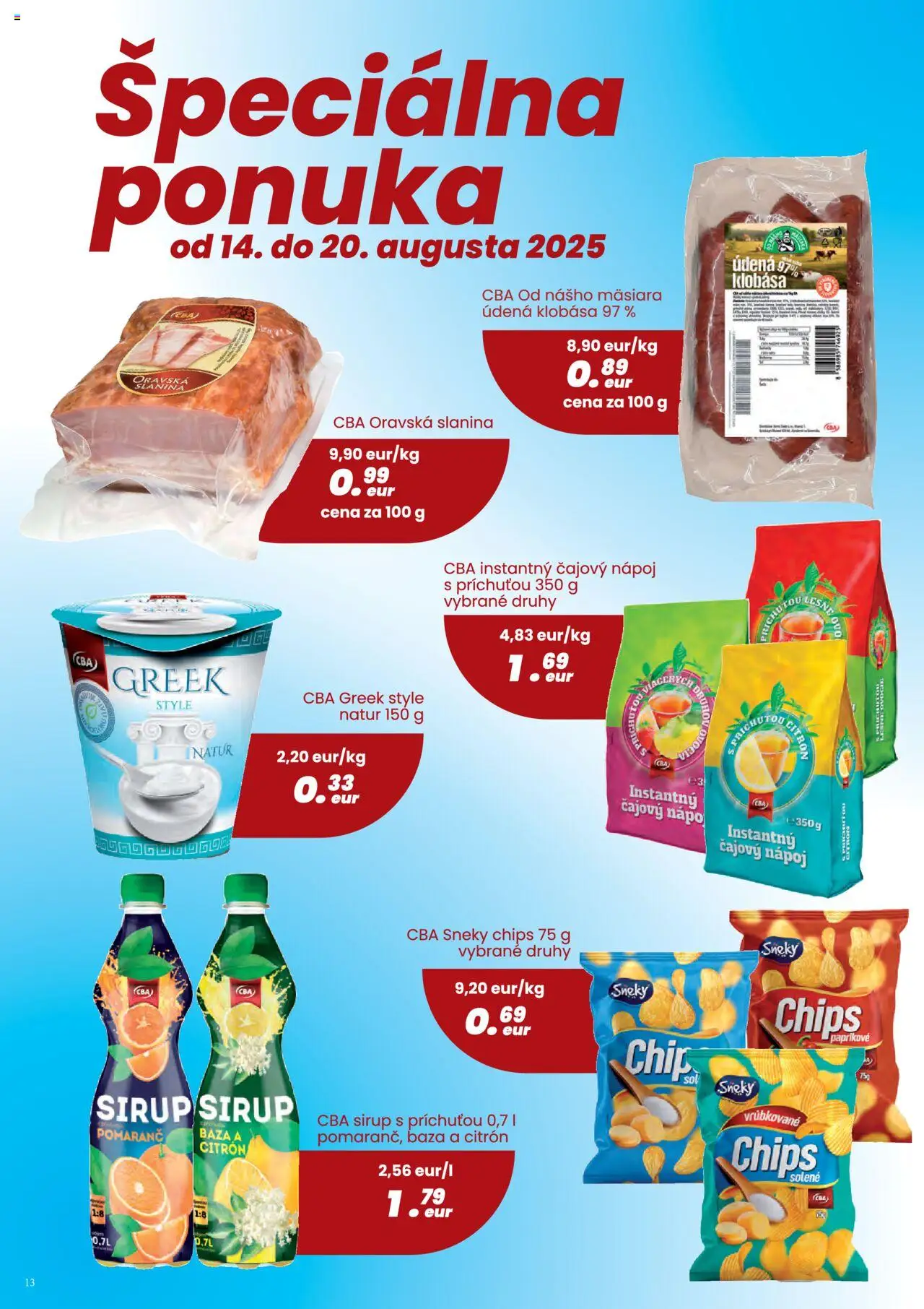 CBA Komfos Leták │ platný od 07.08.2025 | Strana: 13 | Produkty: Slanina, Klobása