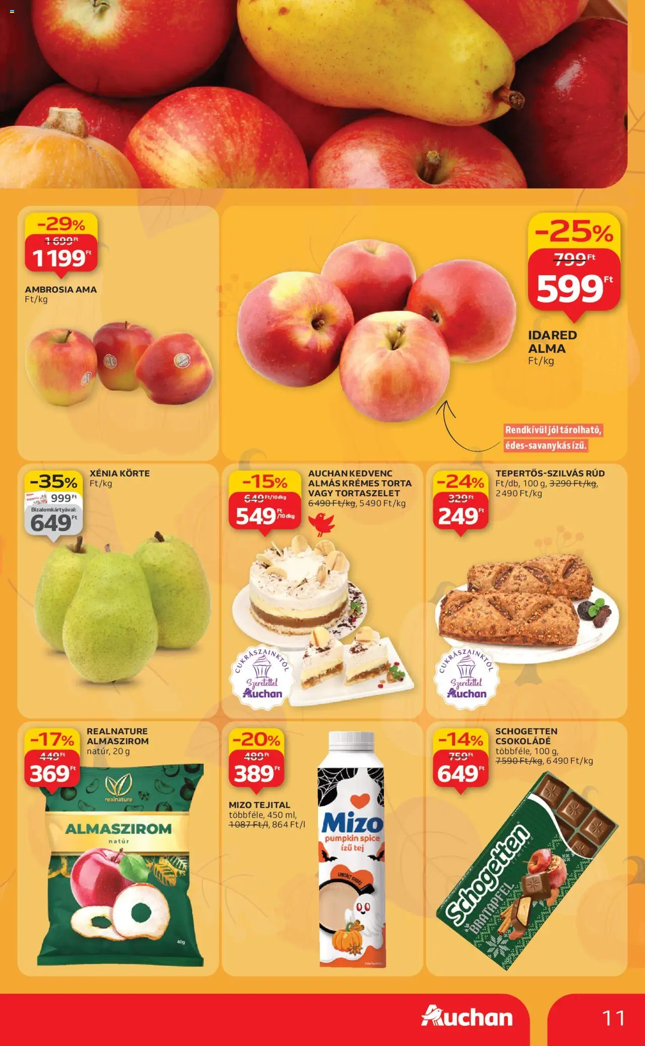 Auchan akciós ujság - amely érvényes a következő dátumtól: 24.10.2025 | Oldal: 11 | Termékek: Körte, Torta, Csokoládé, Alma
