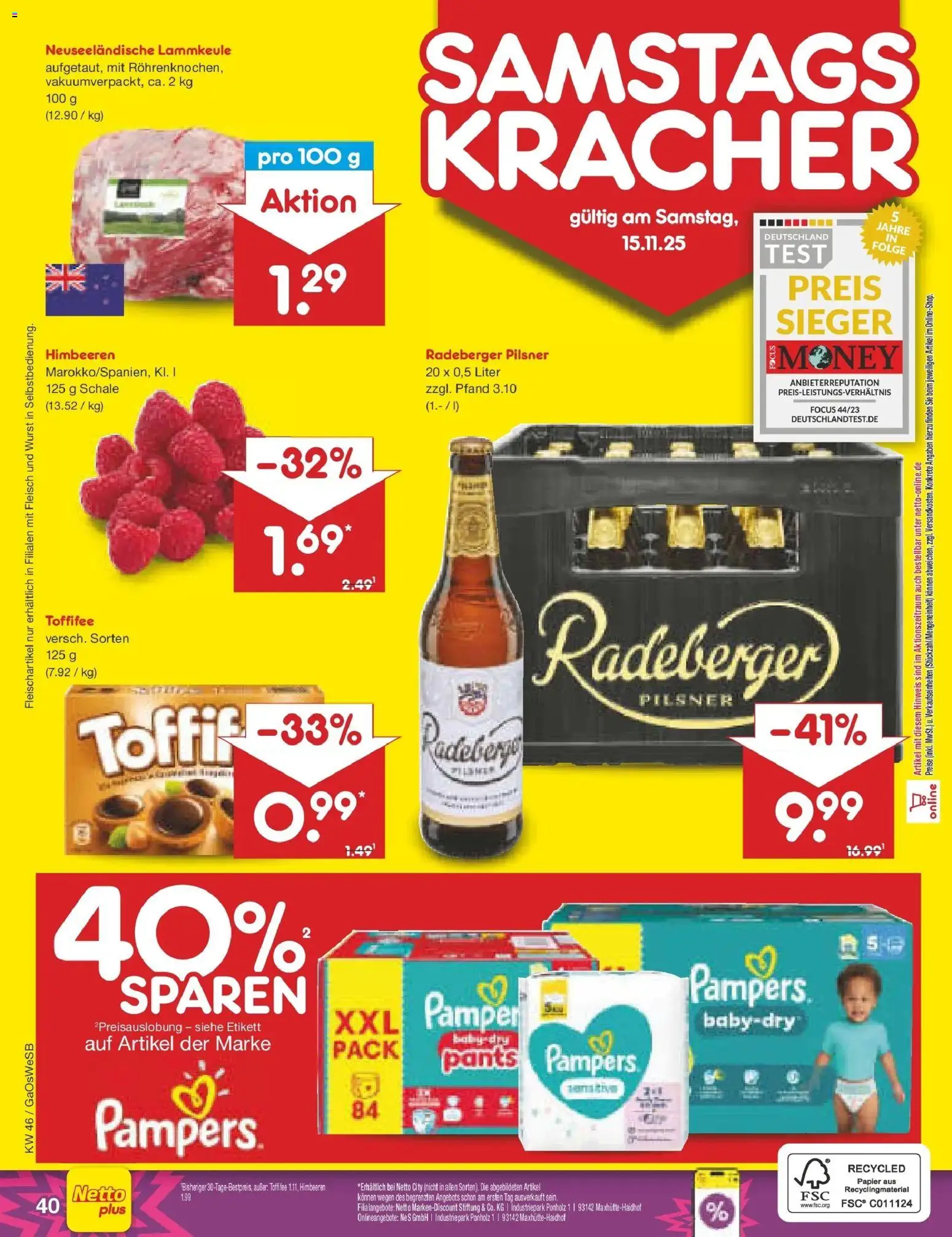 Netto Marken-Discount - Netto: Wochenangebote – gültig ab 10.11.2025 | Seite: 48 | Produkte: Pampers, Toffifee, Fleisch, Radeberger pilsner