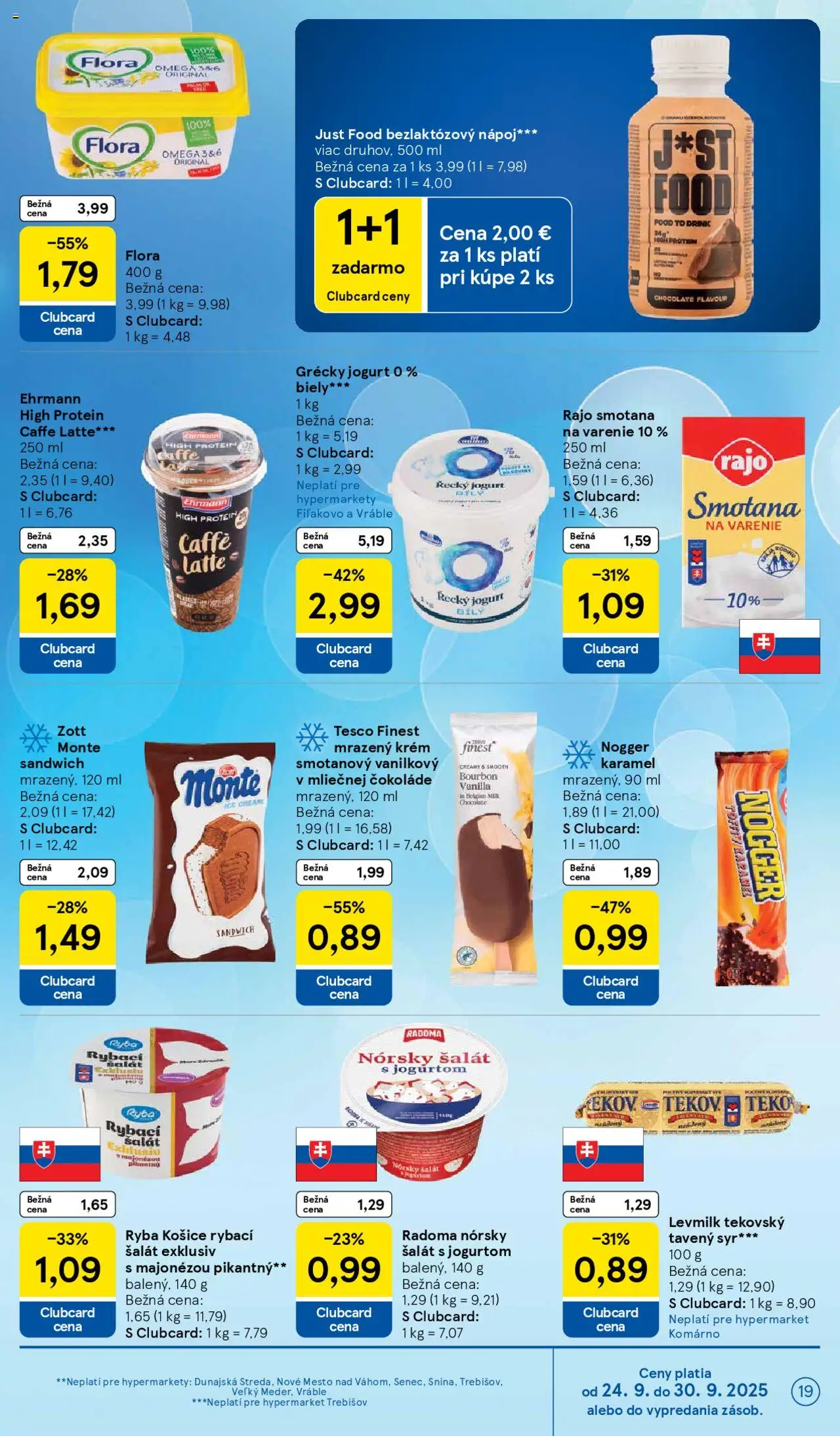 Nové Tesco akcie – leták je platný od 24.09.2025 | Strana: 19 | Produkty: Bourbon, Ryba, Šalát, Flora
