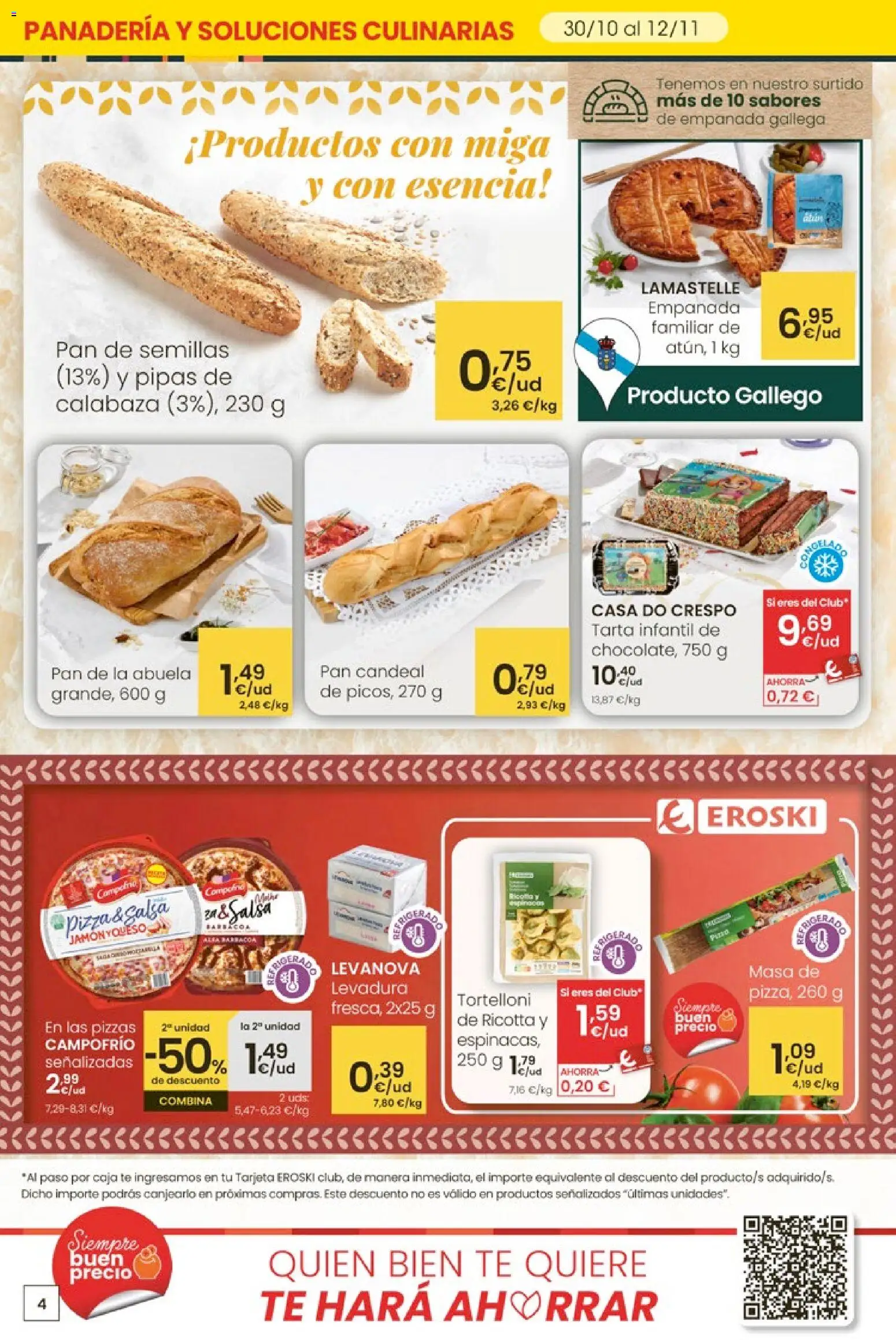 Eroski - Oferta 3x2 │ válido desde el 30.10.2025 | Página: 4 | Productos: Pan, Jamón, Pizza, Panadería