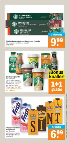Starbucks capsules voor Nespresso 10 stuks, Alle varianten, combineren mogelijk - Voorbeeld van een folder van Albert Heijn, geldig van 10.11.2025 | Pagina: 11 | Producten: Fruit, Cappuccino, Ijskoffie, Kan
