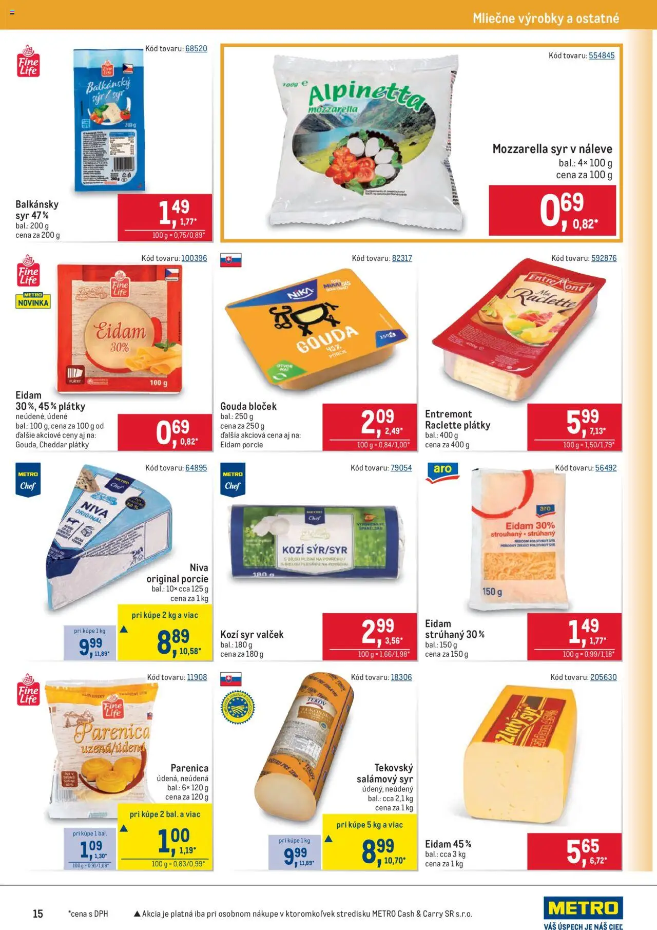 Metro Maloobchod │ platný od 13.08.2025 | Strana: 15 | Produkty: Syr, Gouda, Eidam, Mozzarella