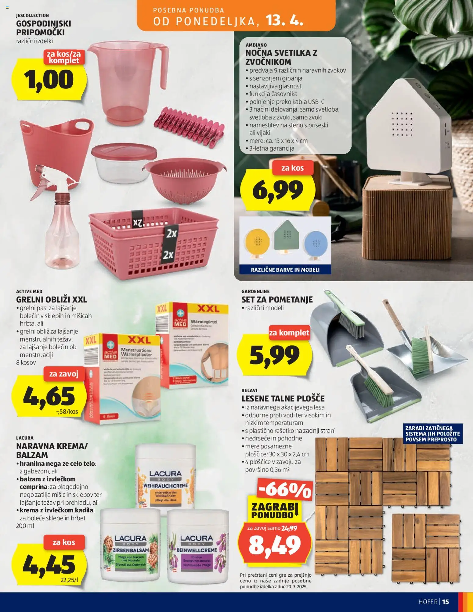 Novi Hofer katalog ponudbe – veljaven od 08.04.2026 | Stran: 15 | Izdelki: Kos, Svetilka, Krema, Talne plošče