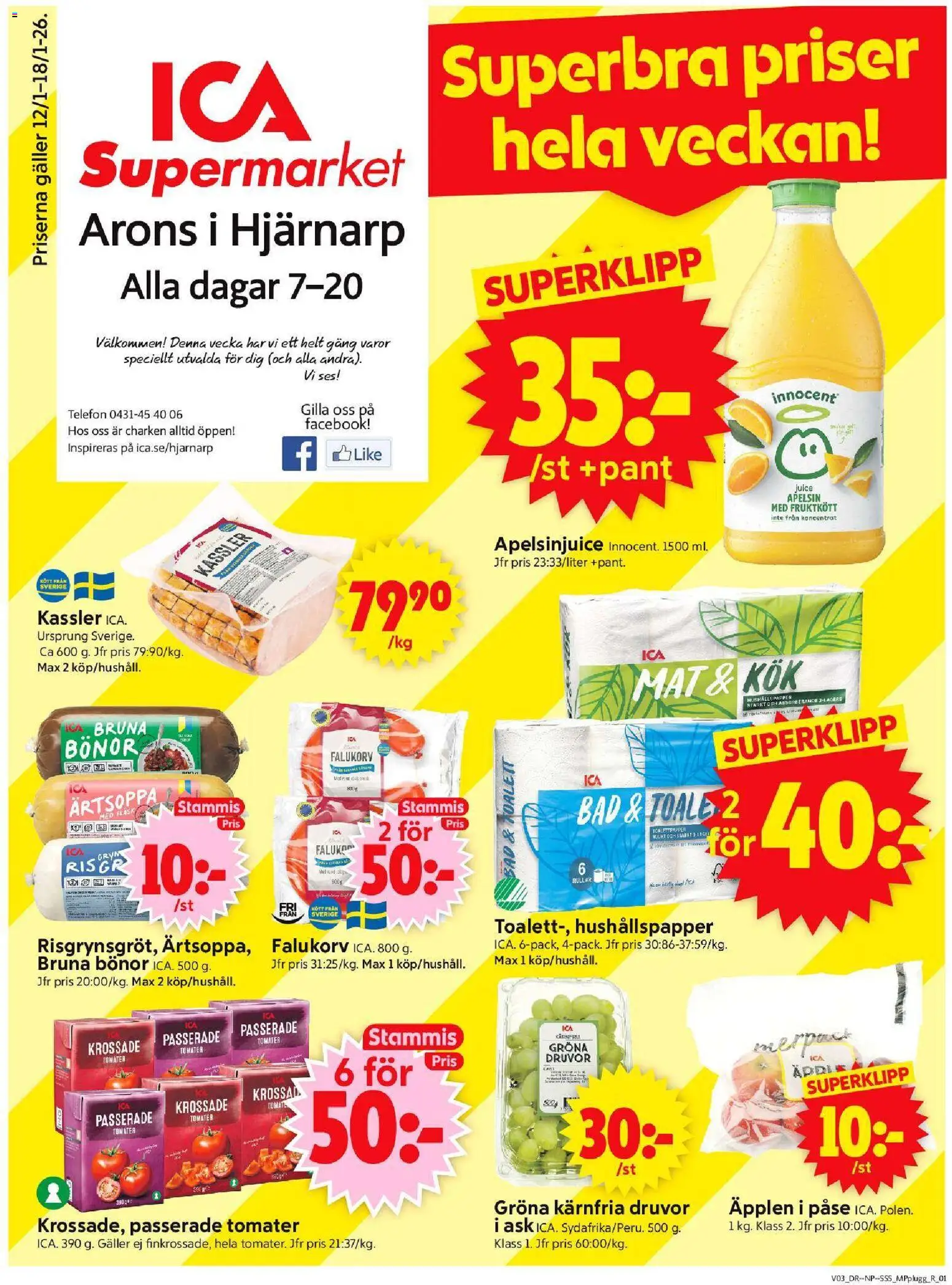 ICA Supermarket reklamblad aktuell från 12.01.2026 | Sida: 1 | Produkter: Galler, Juice, Apelsin, Telefon