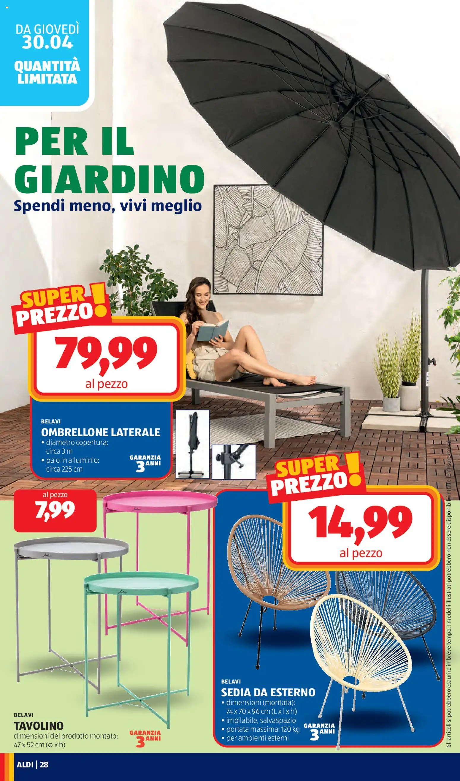Volantino Aldi del 27.04.2026 | Pagina: 28 | Prodotti: Tavolino, Ombrellone, Alluminio, Sedia