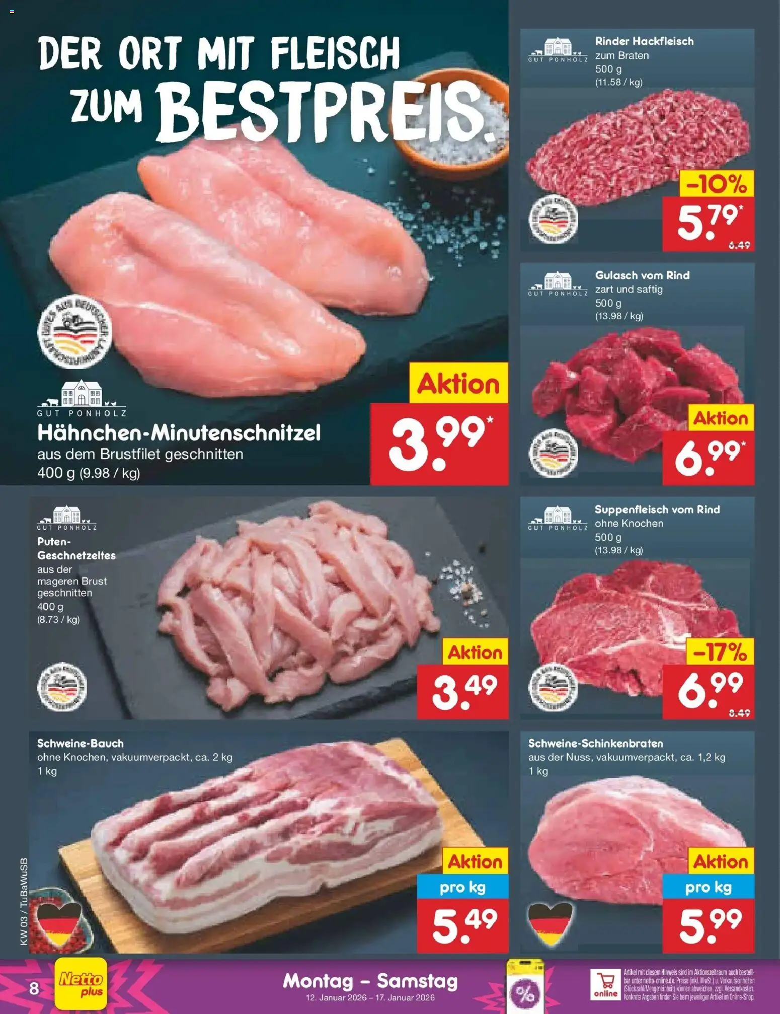 Netto Marken-Discount prospekt Lahr-Langenwinkel	 – gültig ab 12.01.2026 | Seite: 8 | Produkte: Schweinebauch, Gulasch, Fleisch, Hackfleisch