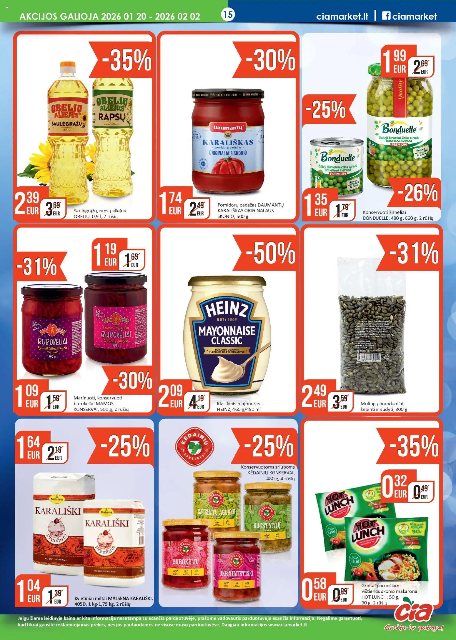 ČIA MARKET akcijos nuo 20.01.2026 | Puslapis: 15 | Prekių: Aliejus, Padažas, Žirneliai, Makaronai