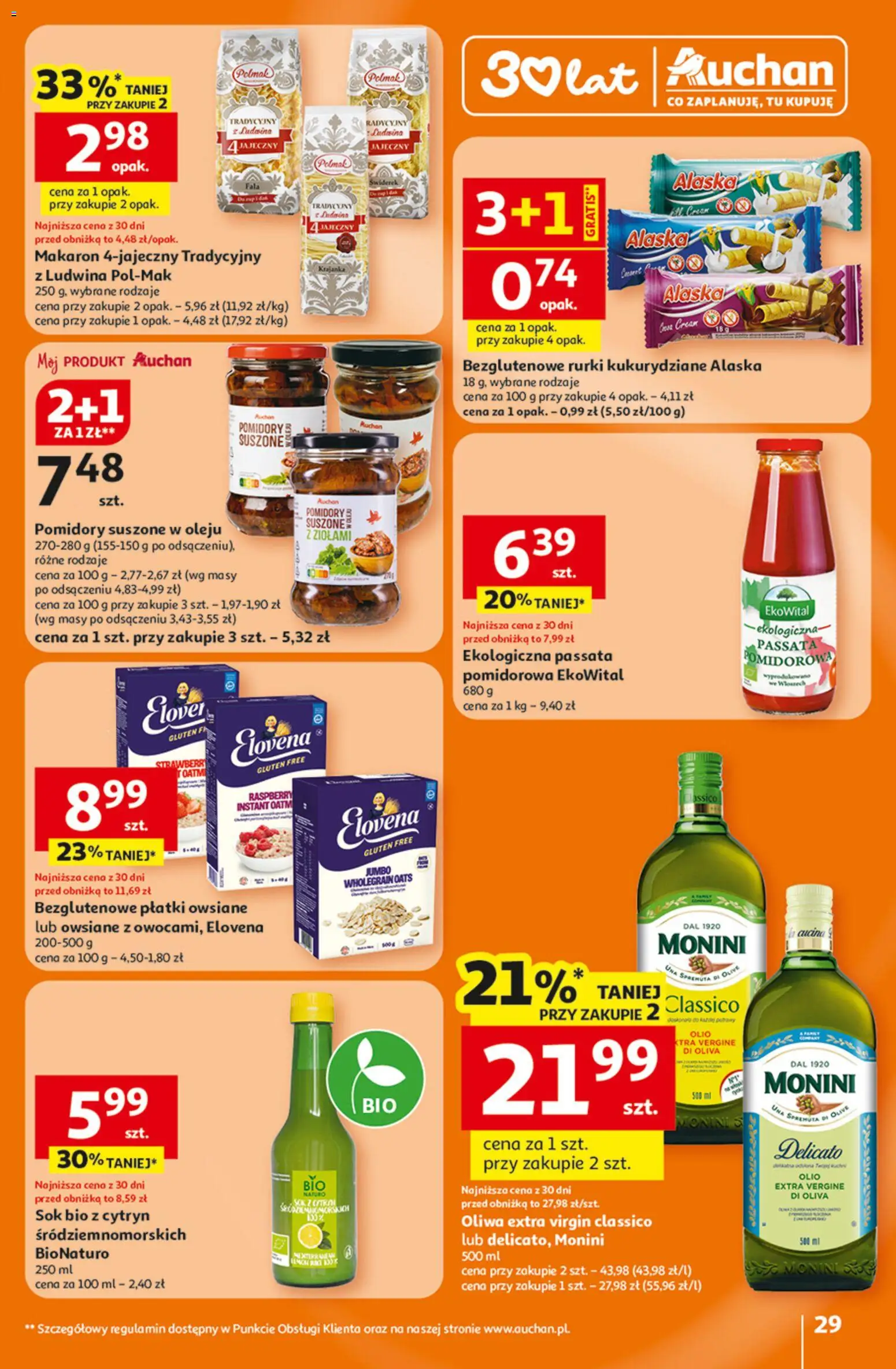 Auchan Gazetka - 30 Lat Hipermarket od 15.01.2026 | Strona: 29 | Produkty: Płatki owsiane, Pomidory suszone, Oliwa extra virgin, Sok