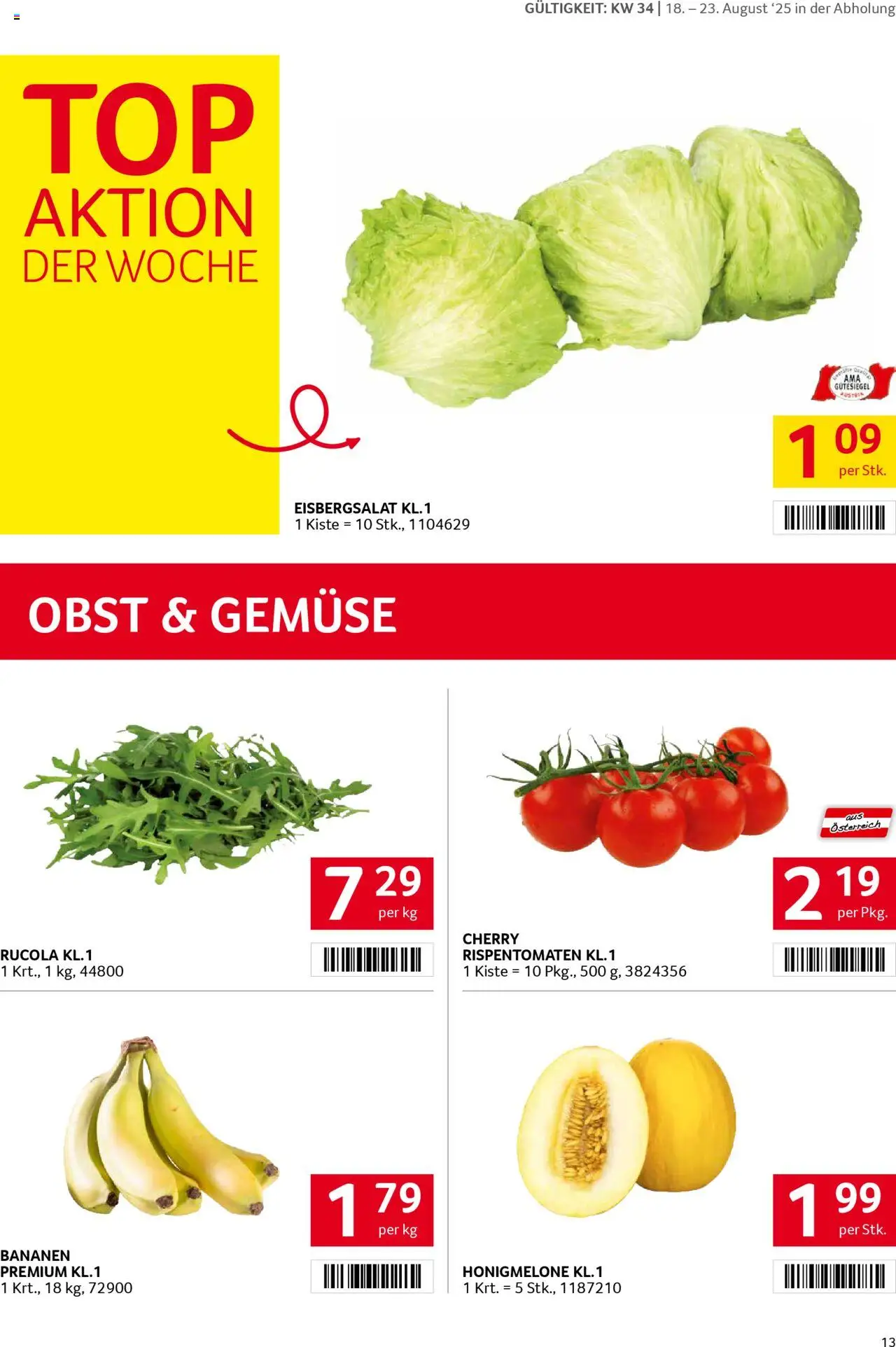 Transgourmet Flugblatt gültig ab 17.08.2025 | Seite: 13 | Produkte: Gemüse, Obst, Bananen