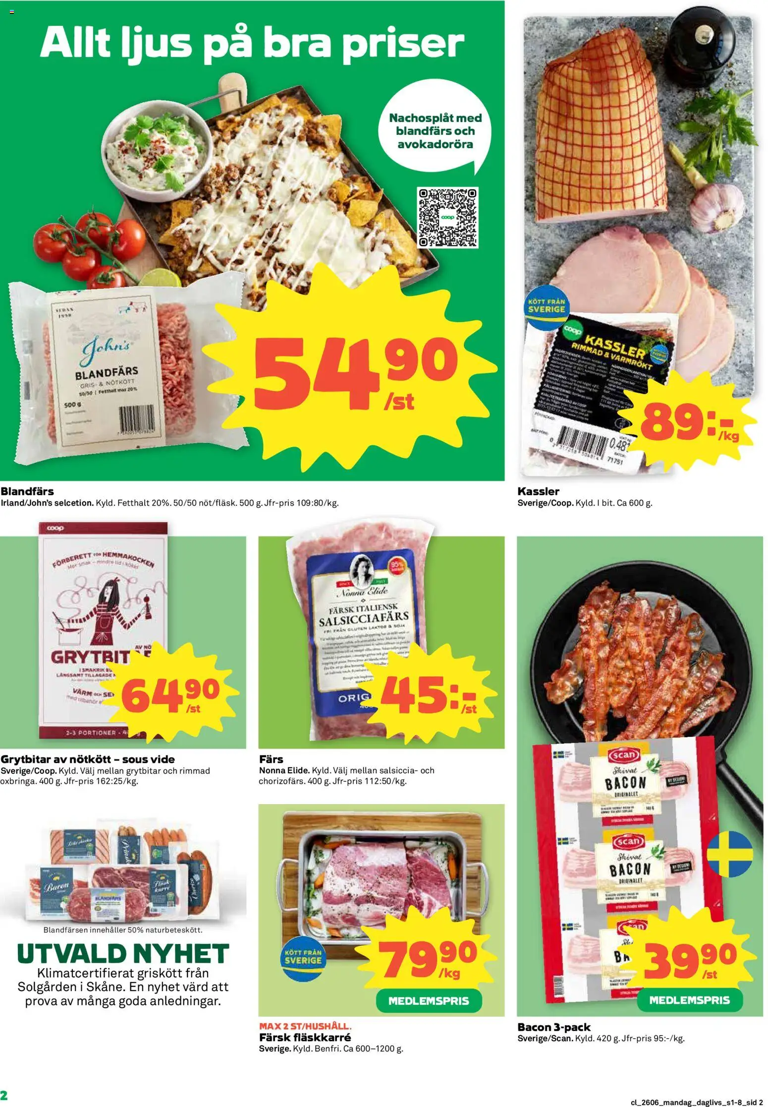 Coop Daglivs reklamblad aktuell från 02.02.2026 | Sida: 2 | Produkter: Bacon, Blandfärs, Nötkött, Ljus