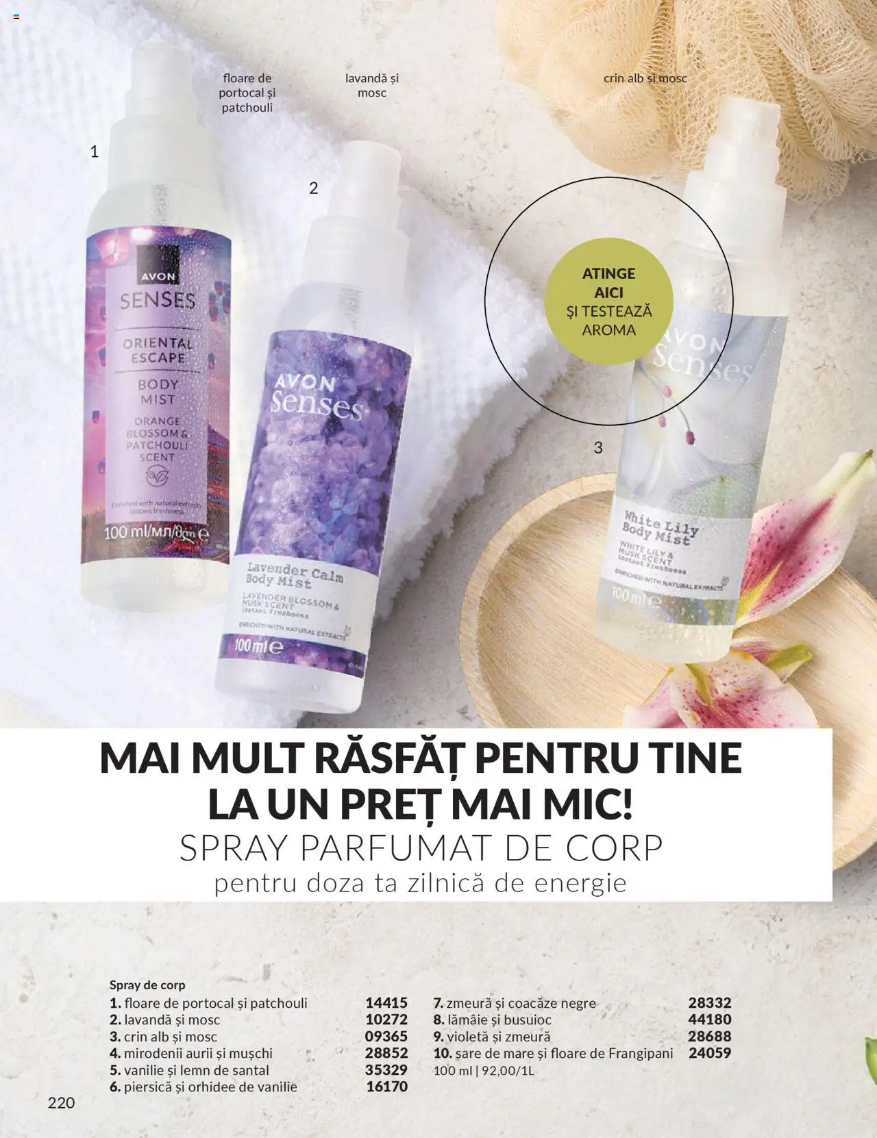 Noul catalog Avon – valabil de la 01.10.2025 | Pagină: 222 | Produse: Piersică, Orhidee, Body, Sare