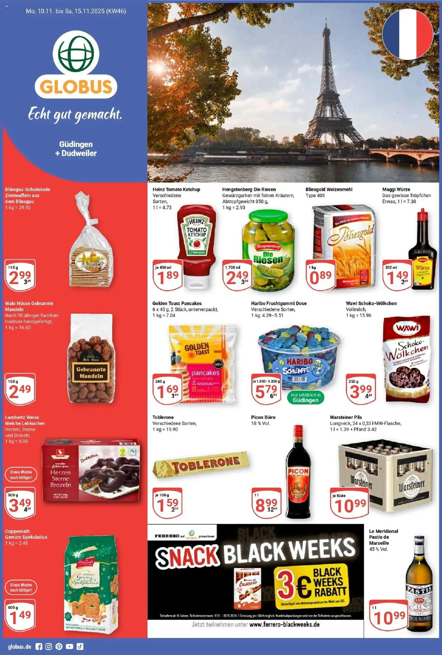 Globus prospekt Saarbrücken-Güdingen	 – gültig ab 10.11.2025 | Seite: 1 | Produkte: Maggi, Toast, Weizenmehl, Mandeln