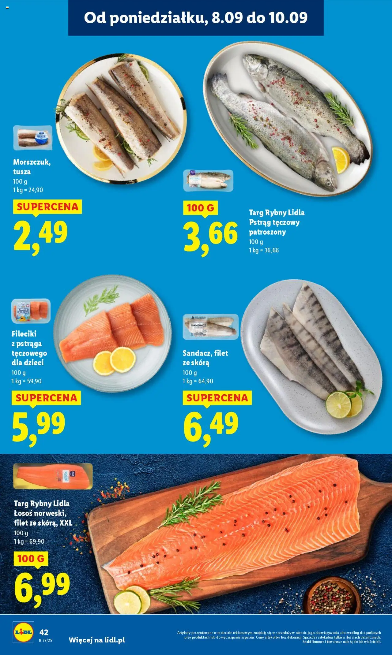 Lidl Gazetka od 08.09.2025 | Strona: 44 | Produkty: Pstrąg tęczowy, Sandacz, Pstrąg, Łosoś