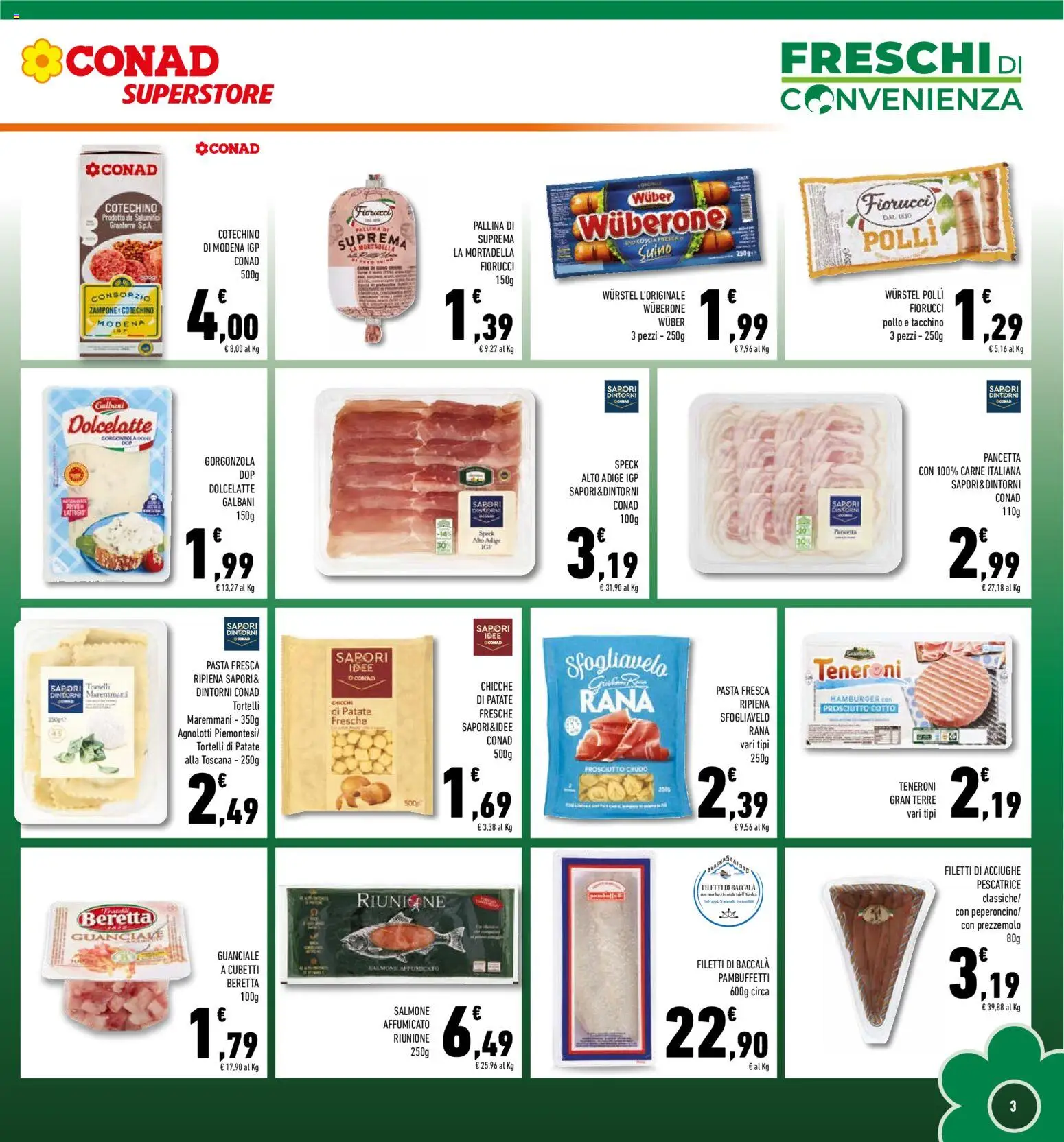 Volantino Conad del 19.11.2025 | Pagina: 3 | Prodotti: Salmone affumicato, Tacchino, Hamburger, Gorgonzola