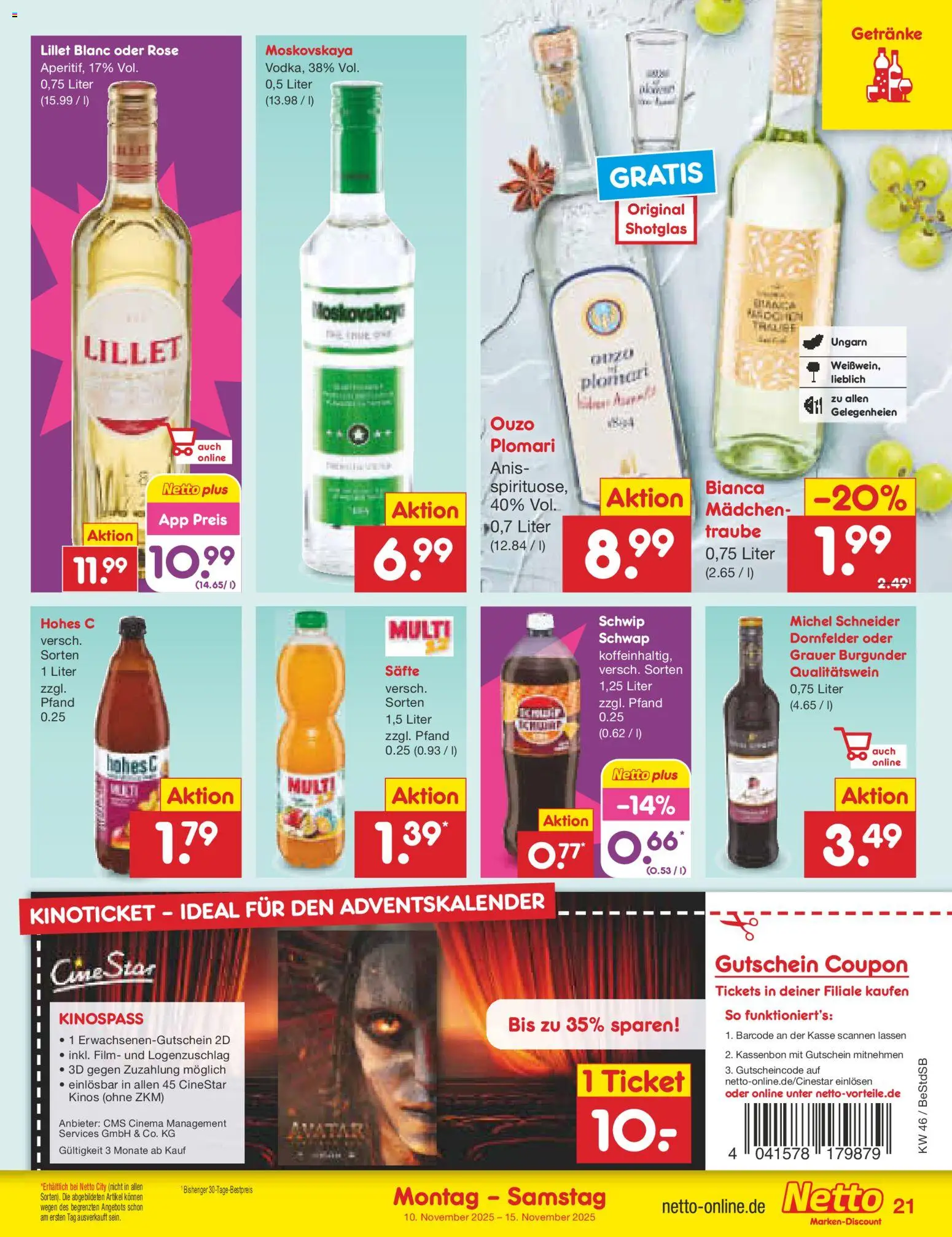 Netto Marken-Discount Prospekt 	 – gültig ab 10.11.2025 | Seite: 21 | Produkte: Ouzo, Lillet, Hohes c