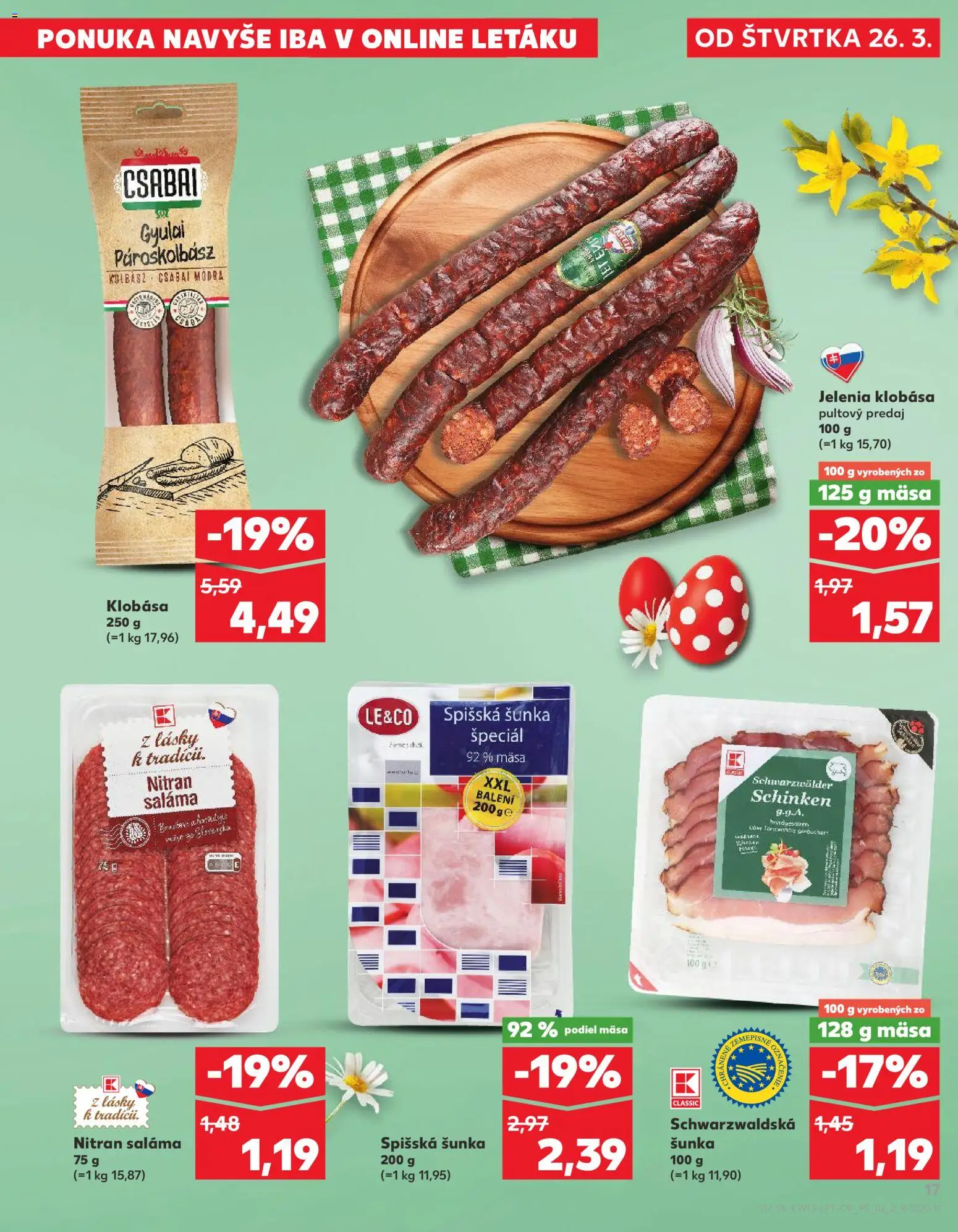 Nové Kaufland akcie – leták je platný od 26.03.2026 | Strana: 17 | Produkty: Saláma, Šunka, Klobása