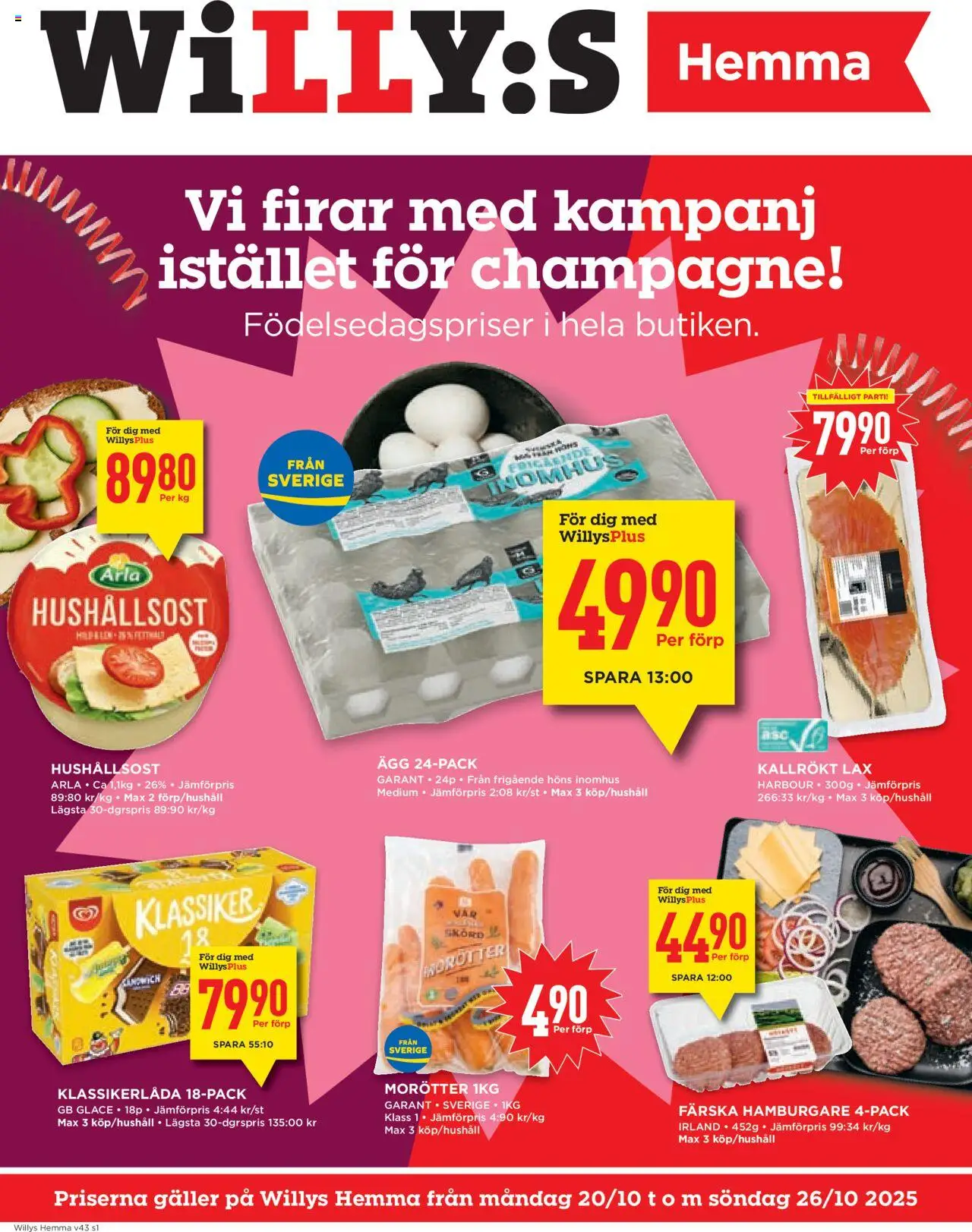 Willys reklamblad aktuell från 20.10.2025 | Sida: 1 | Produkter: Hamburgare, Hushållsost, Lax, Champagne