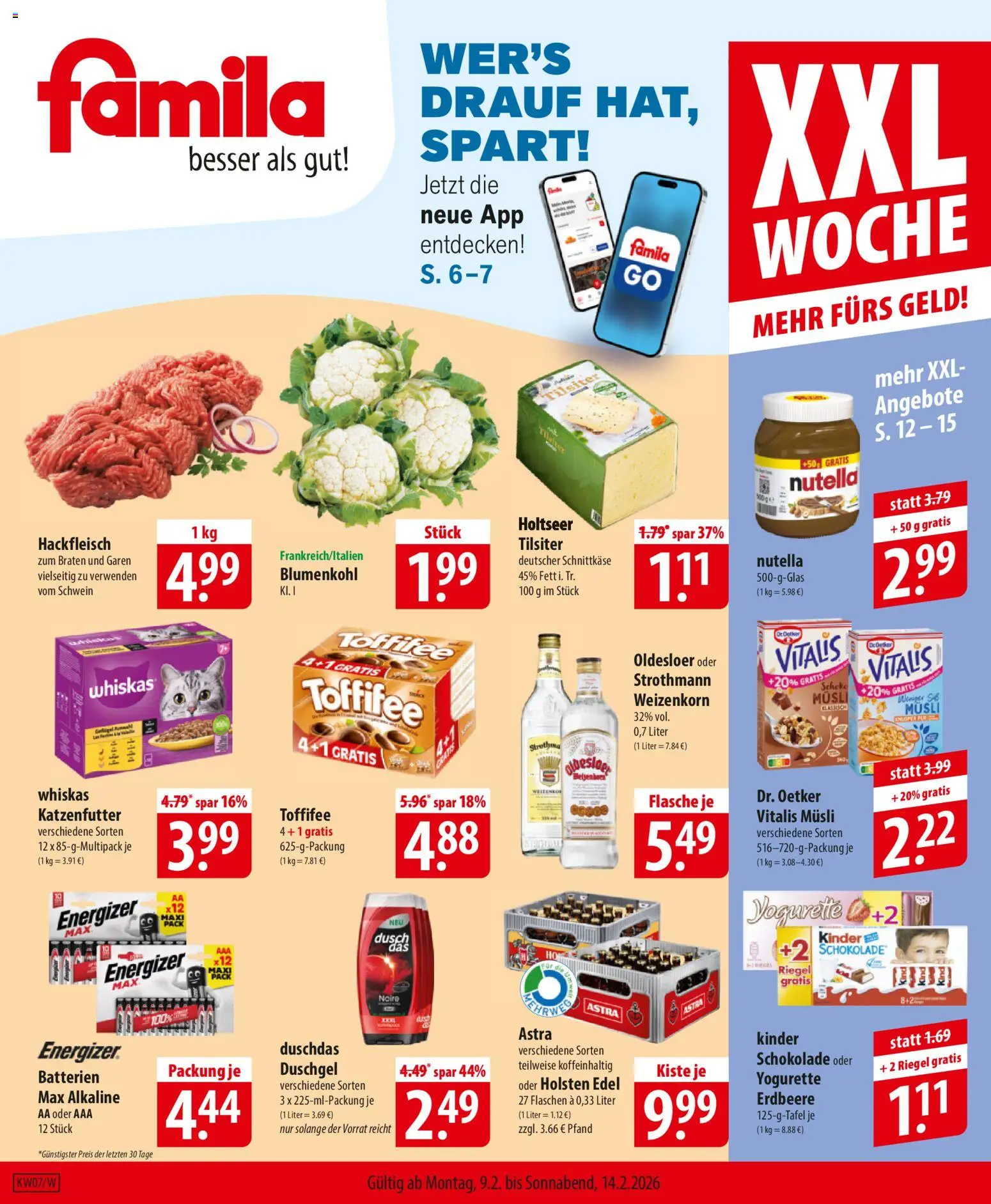 Famila Prospekt 	 – gültig ab 09.02.2026 | Seite: 1 | Produkte: Kinder schokolade, Katzenfutter, Holsten, Duschgel