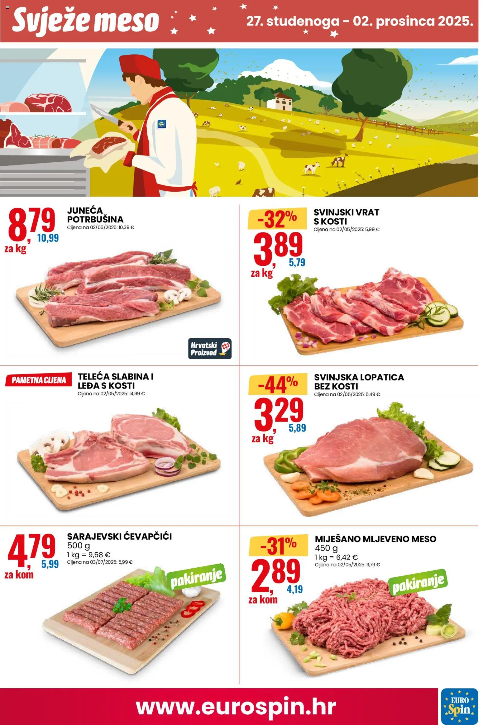 Eurospin katalog | vrijedi od 24.11.2025 | Stranica: 11 | Proizvodi: Svinjski vrat, Svinjska lopatica, Meso, Ćevapčići