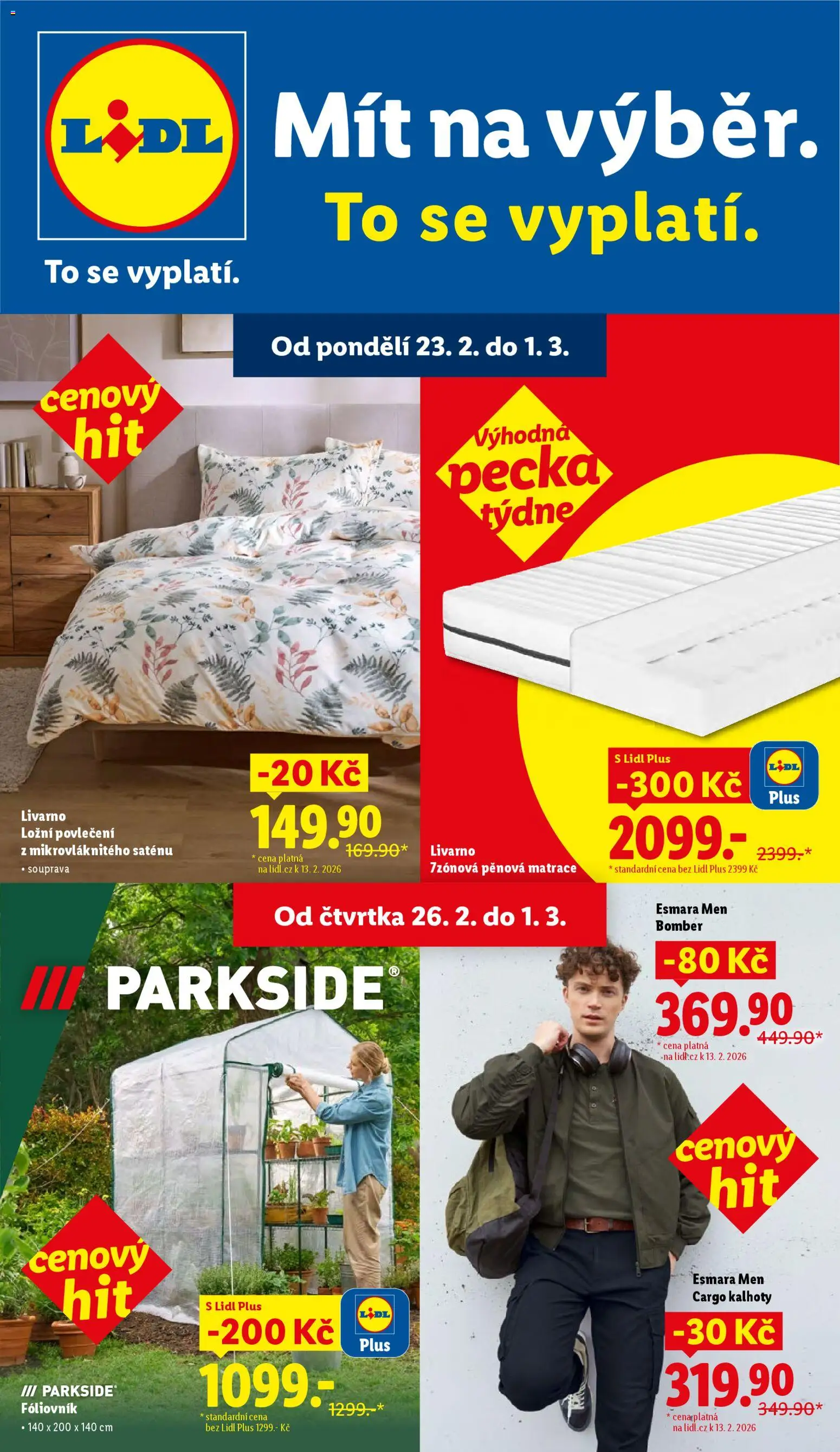 Lidl leták - Spotřební zboží od 23.02.2026 | Strana: 1 | Produkty: Kalhoty, Parkside, Ložní povlečení, Matrace