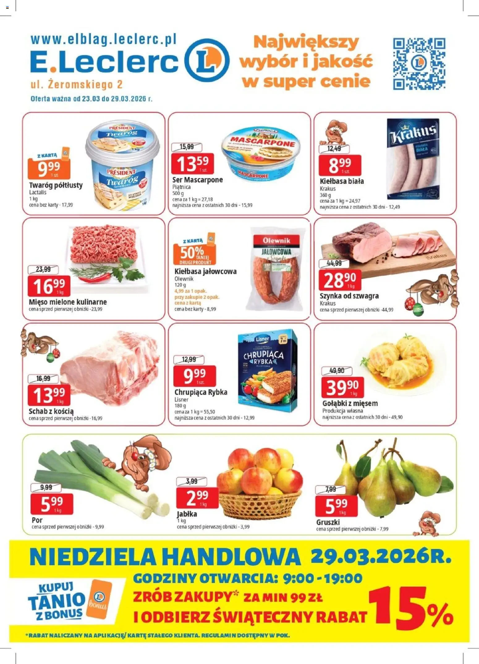 E.Leclerc gazetka - Elbląg od 23.03.2026 | Strona: 1 | Produkty: Kiełbasa, Schab, Mascarpone, Ser mascarpone