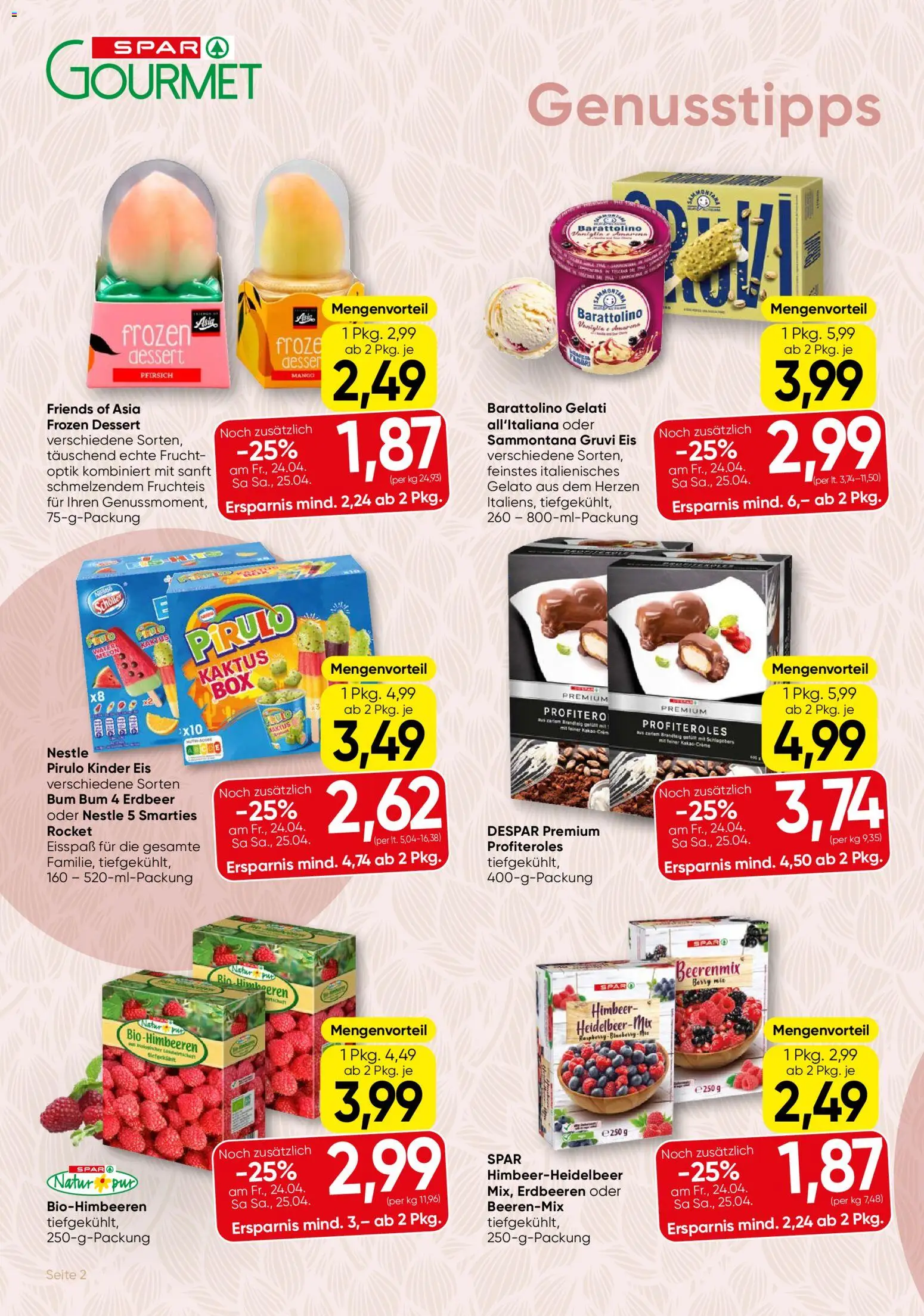 SPAR Gourmet Flugblatt gültig ab 23.04.2026 | Seite: 2 | Produkte: Erdbeeren, Eis, Mango, Pfirsich