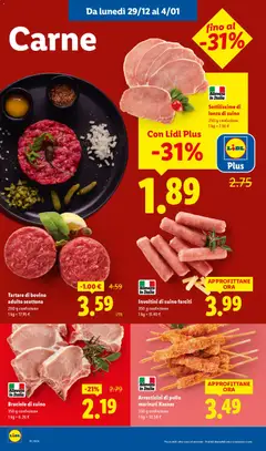 Anteprima del volantino Sottilissime di lonza di suino, 250 g confezione valido a partire dal 29.12.2025 | Pagina: 4 | Prodotti: Bovino, Pollo, Suino, Arrosticini