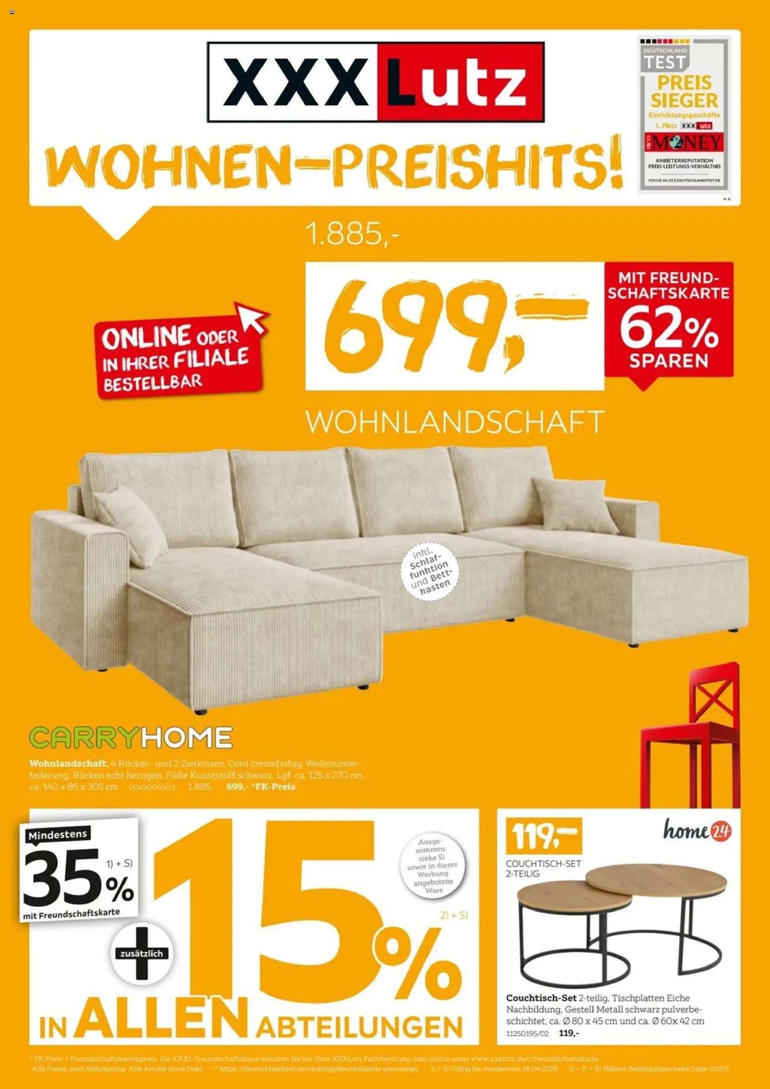 XXXLutz Wohnen Preishits – gültig ab 04.04.2026 | Seite: 1 | Produkte: Wohnlandschaft, Bett