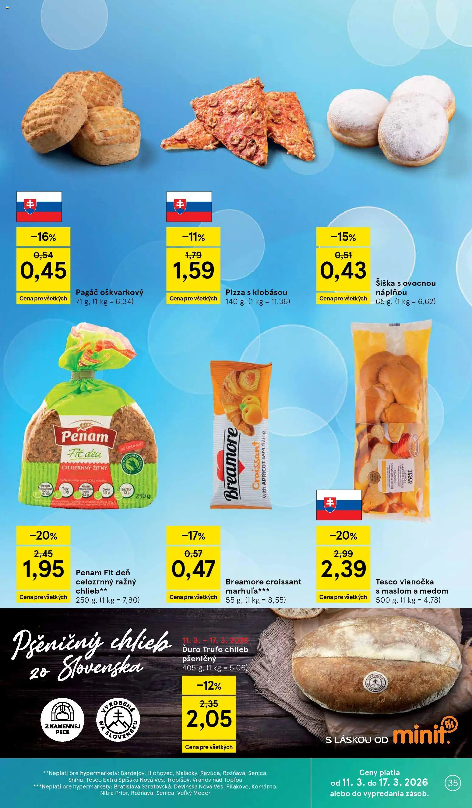 Nové Tesco akcie – leták je platný od 11.03.2026 | Strana: 35 | Produkty: Chlieb, Pizza, Croissant, Vianočka