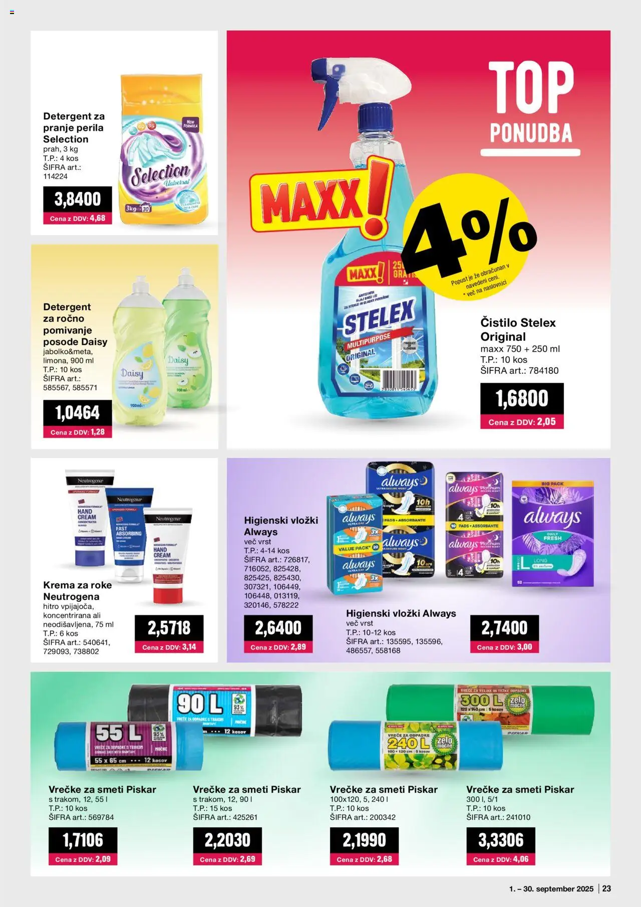Mercator katalog │ velja od 01.09.2025 | Stran: 23 | Izdelki: Higienski vložki, Kos, Krema, Detergent