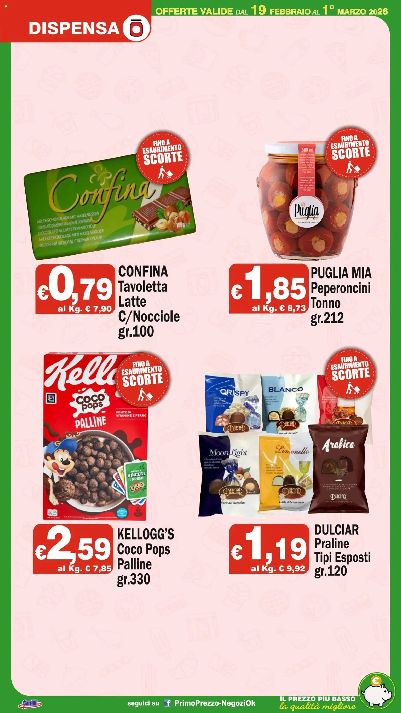 Volantino Primo Prezzo del 19.02.2026 | Pagina: 19 | Prodotti: Cioccolato, Latte, Nocciole, Tonno