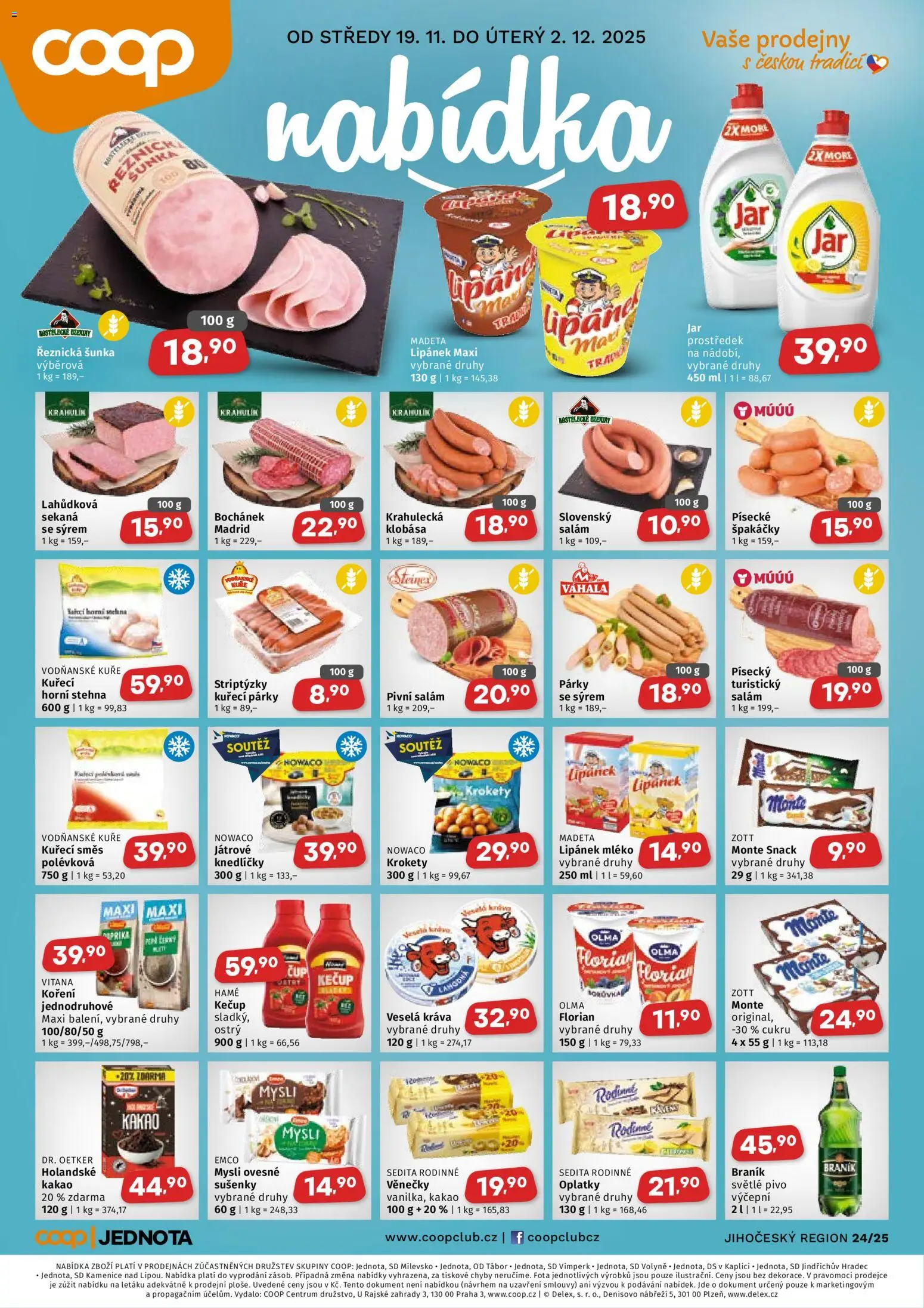 Coop leták - Jihočeský region od 19.11.2025 | Strana: 1 | Produkty: Salám, Kakao, Mysli, Sušenky