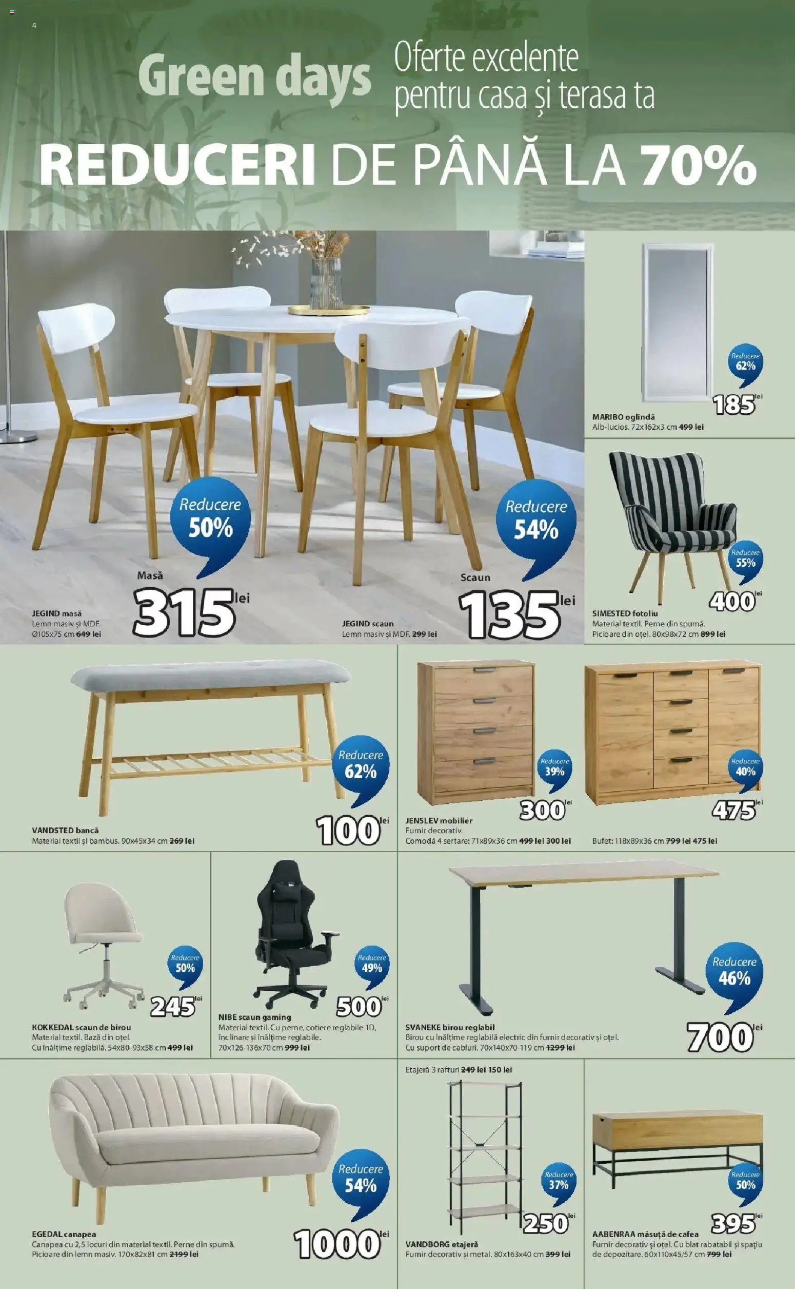 Noul catalog JYSK – valabil de la 16.04.2026 | Pagină: 4 | Produse: Scaun gaming, Măsuță de cafea, Oglindă, Bancă