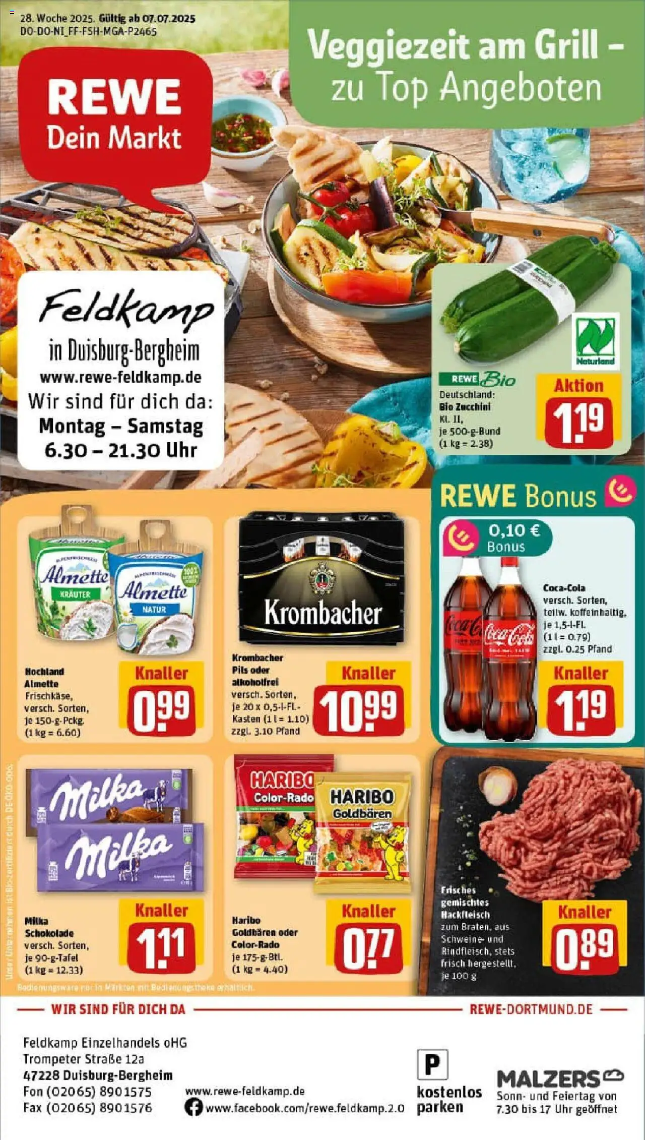 Rewe prospekt Duisburg / Bergheim	 - gültig ab dem 06.07.2025 | Seite: 1 | Produkte: Grill, Almette, Schokolade, Hackfleisch