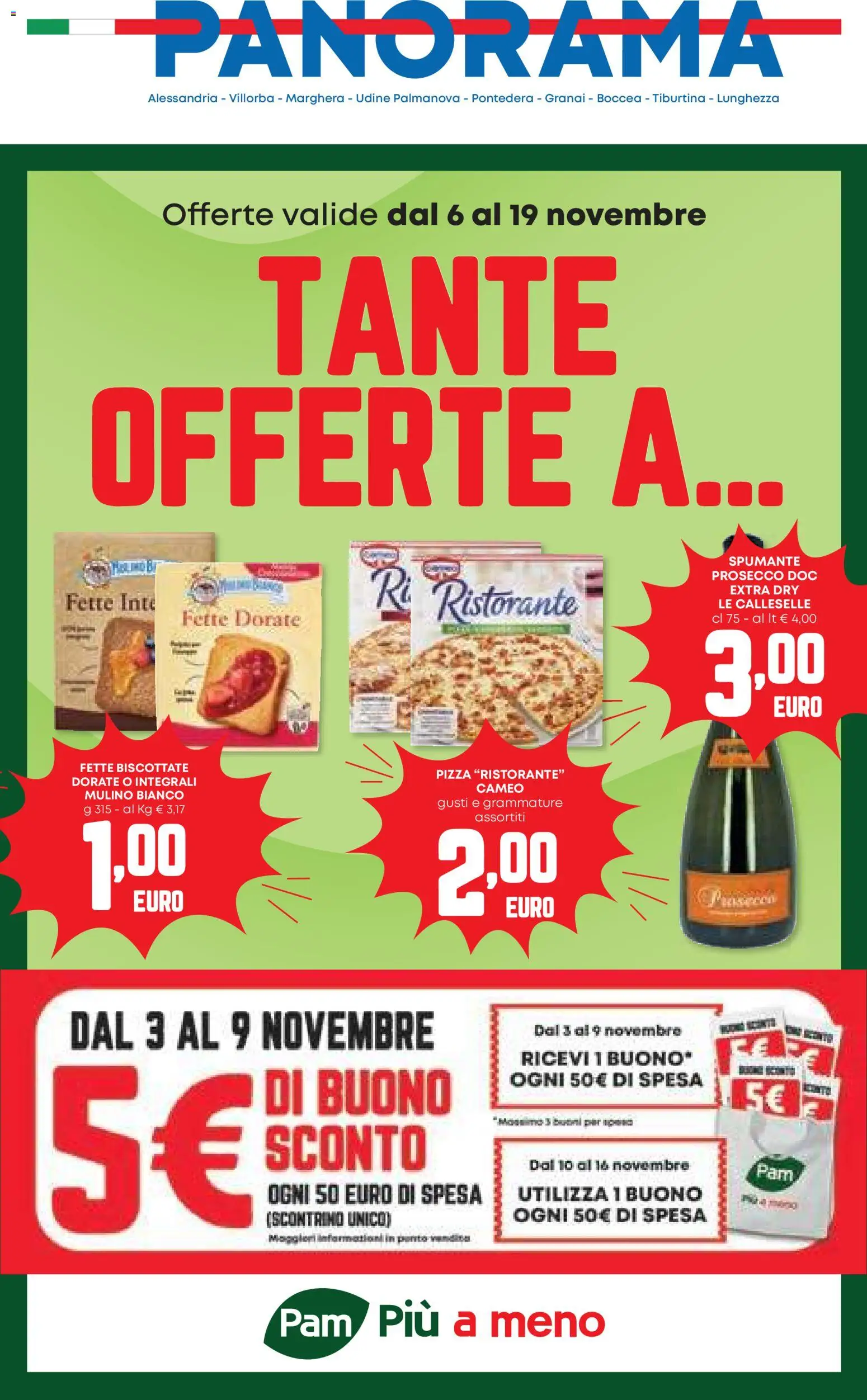 Volantino Panorama del 06.11.2025 | Pagina: 1 | Prodotti: Pizza, Prosecco, Spumante, Fette biscottate