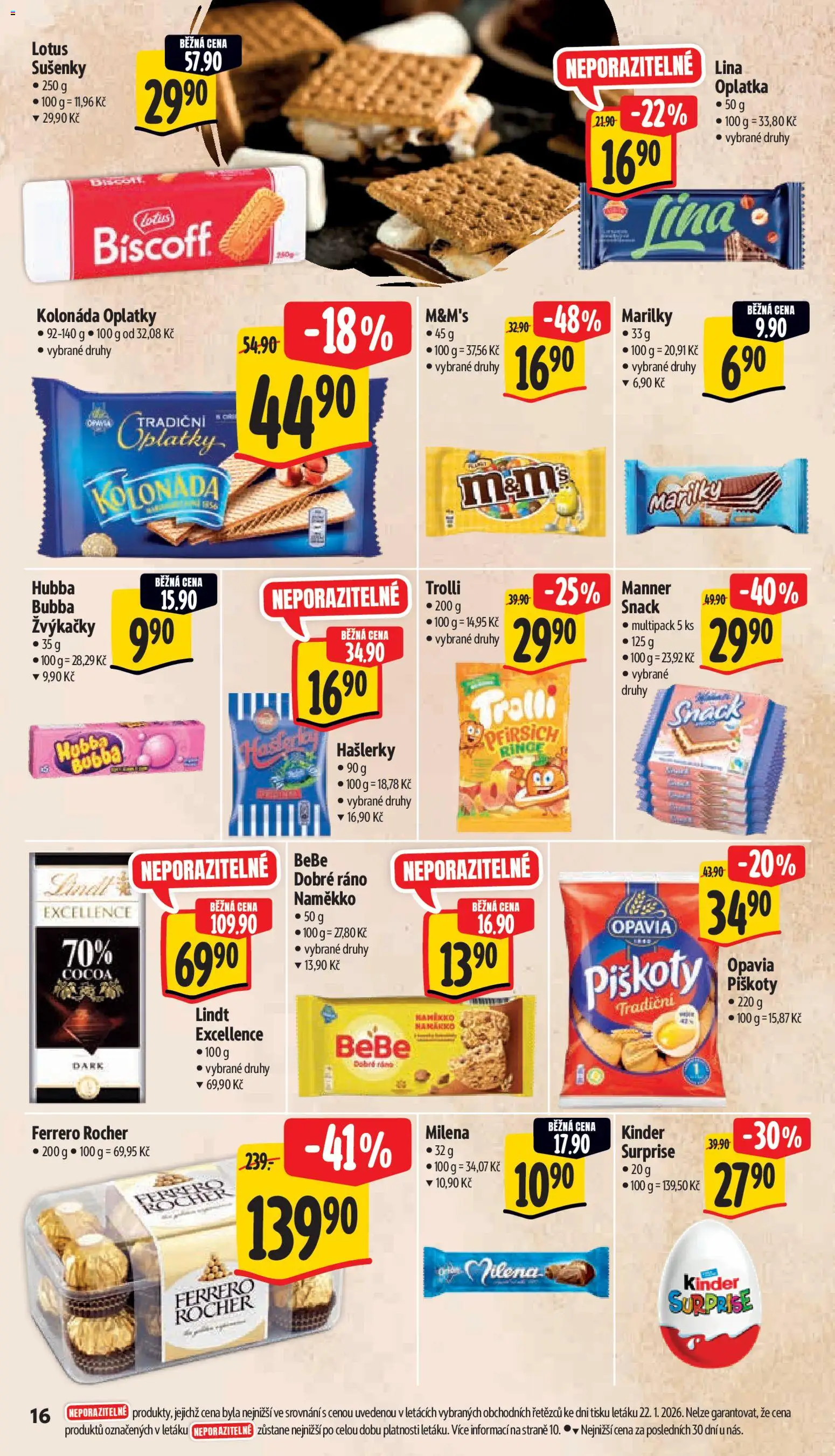 Albert leták - Supermarket od 28.01.2026 | Strana: 22 | Produkty: Ferrero Rocher, Piškoty, Kinder, Sušenky