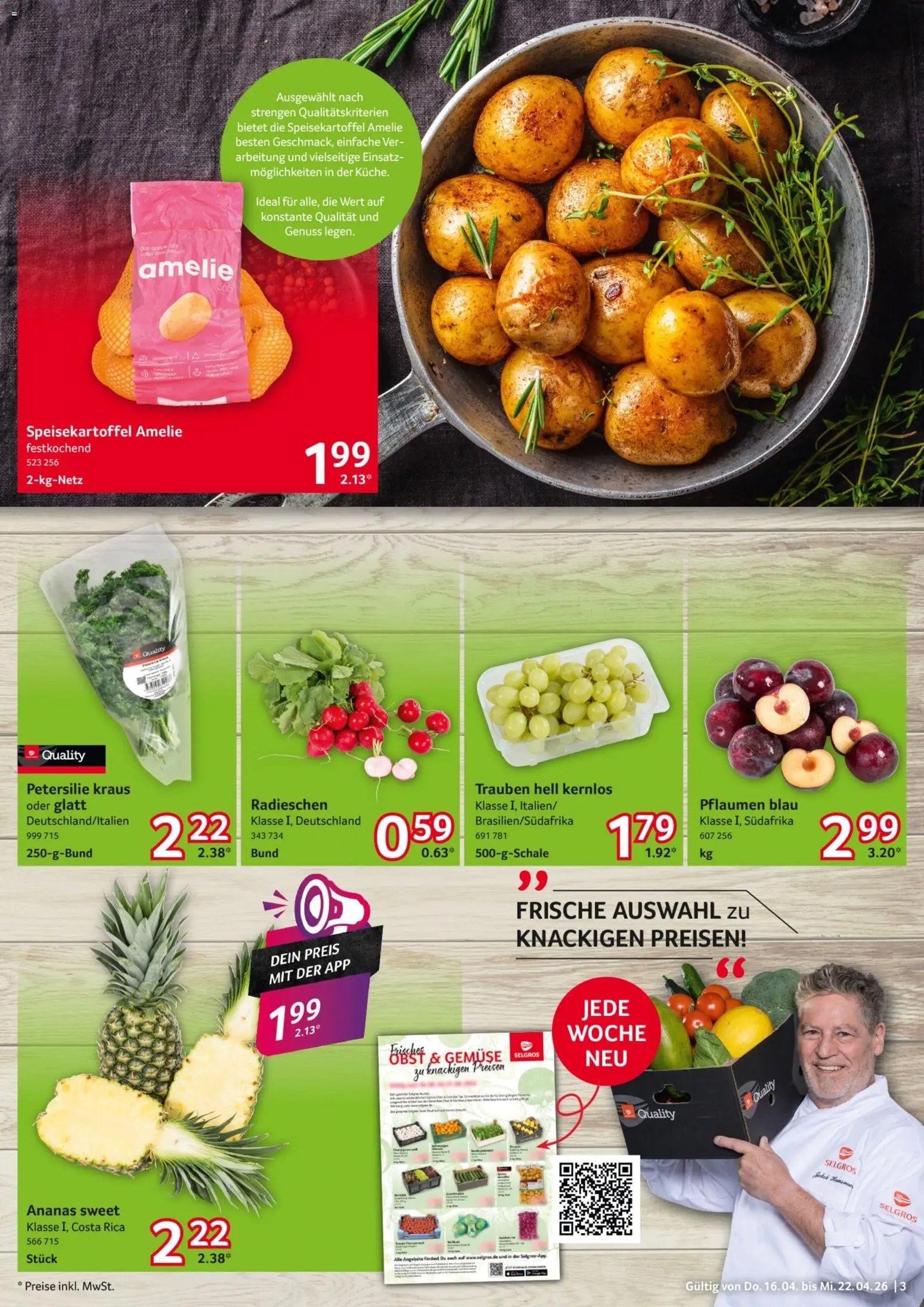 Selgros Prospekt 	 – gültig ab 16.04.2026 | Seite: 3 | Produkte: Pflaumen, Trauben, Ananas, Gemüse