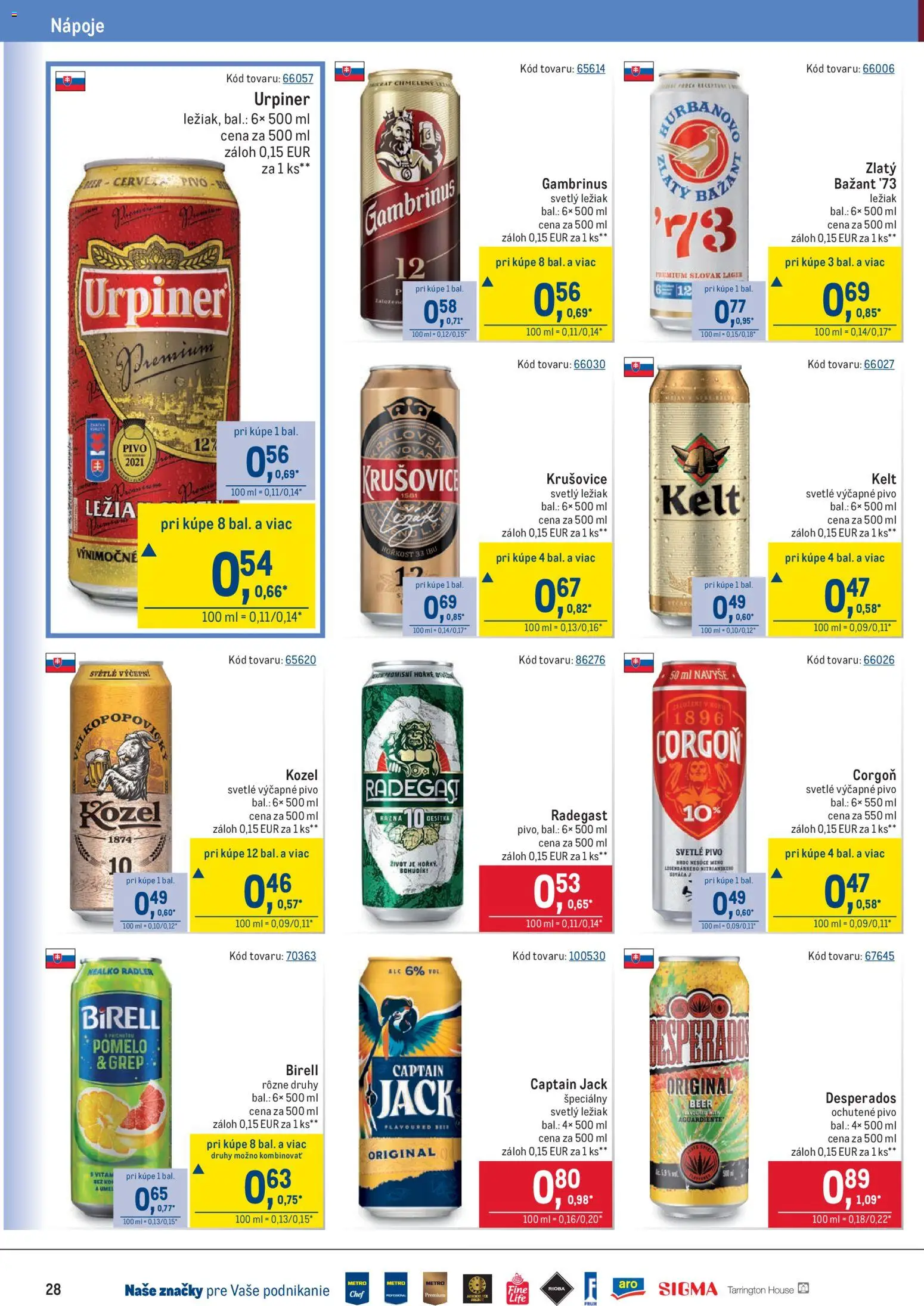 Nové Metro akcie – leták je platný od 19.11.2025 | Strana: 28 | Produkty: Radegast, Radler, Corgoň, Urpiner