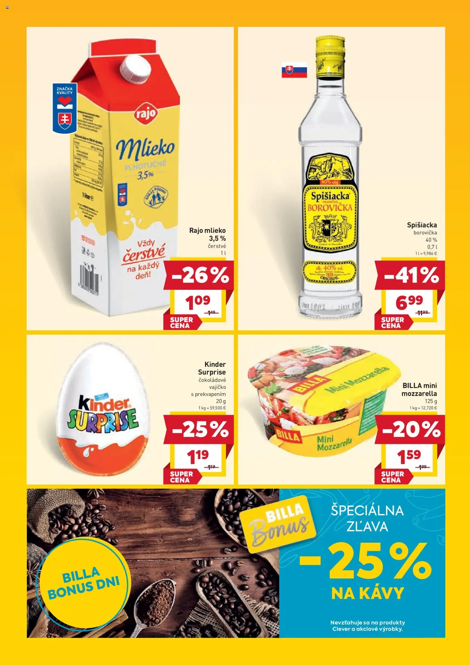 Nové Billa akcie – leták je platný od 07.01.2026 | Strana: 4 | Produkty: Mlieko, Borovička, Mozzarella, Kinder