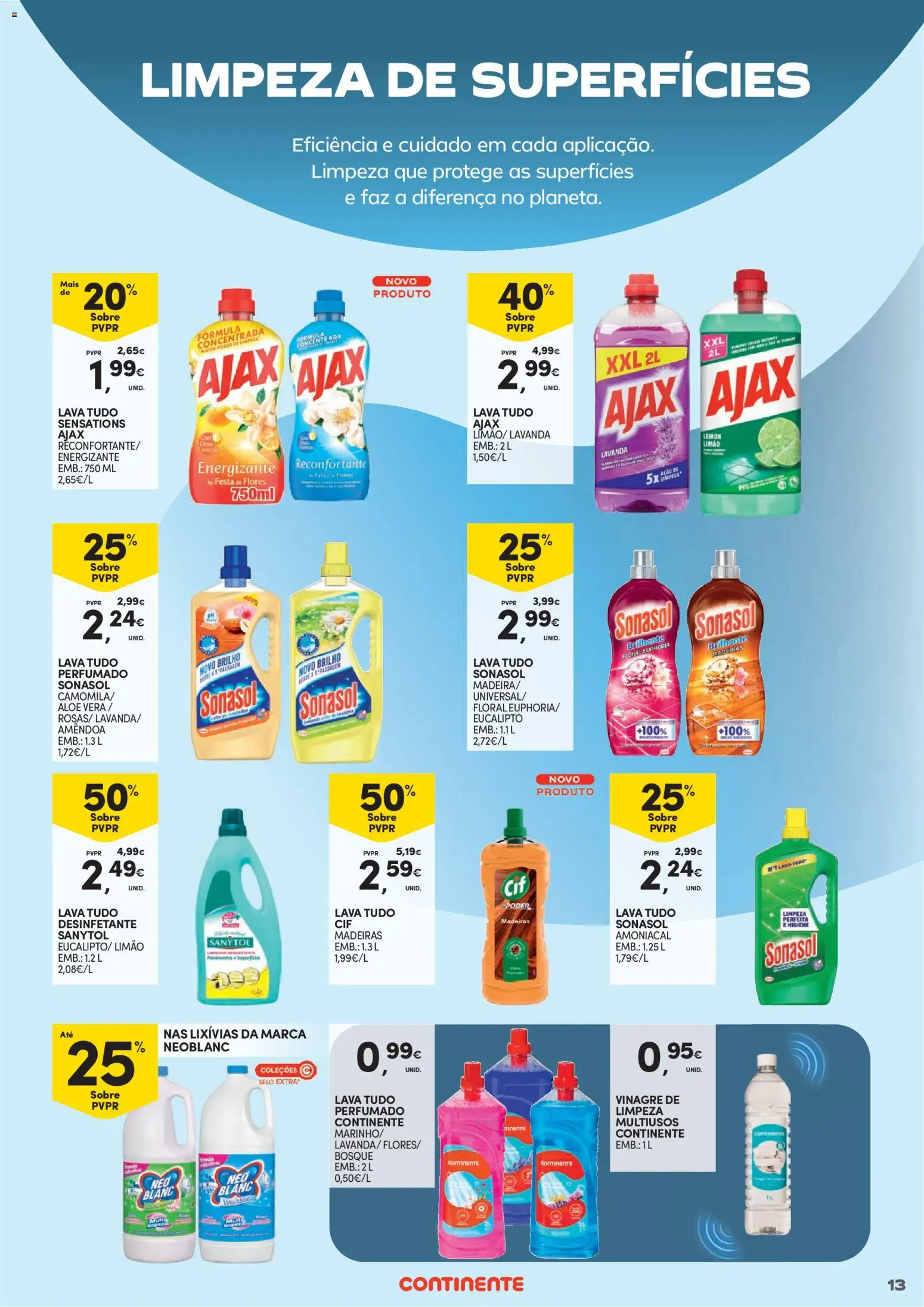 Continente - Limpeza do Lar: Poupança que deixa tudo limpinho │ válido de 02.01.2026 | Página: 13 | Produtos: Vinagre, Flores, Madeiras
